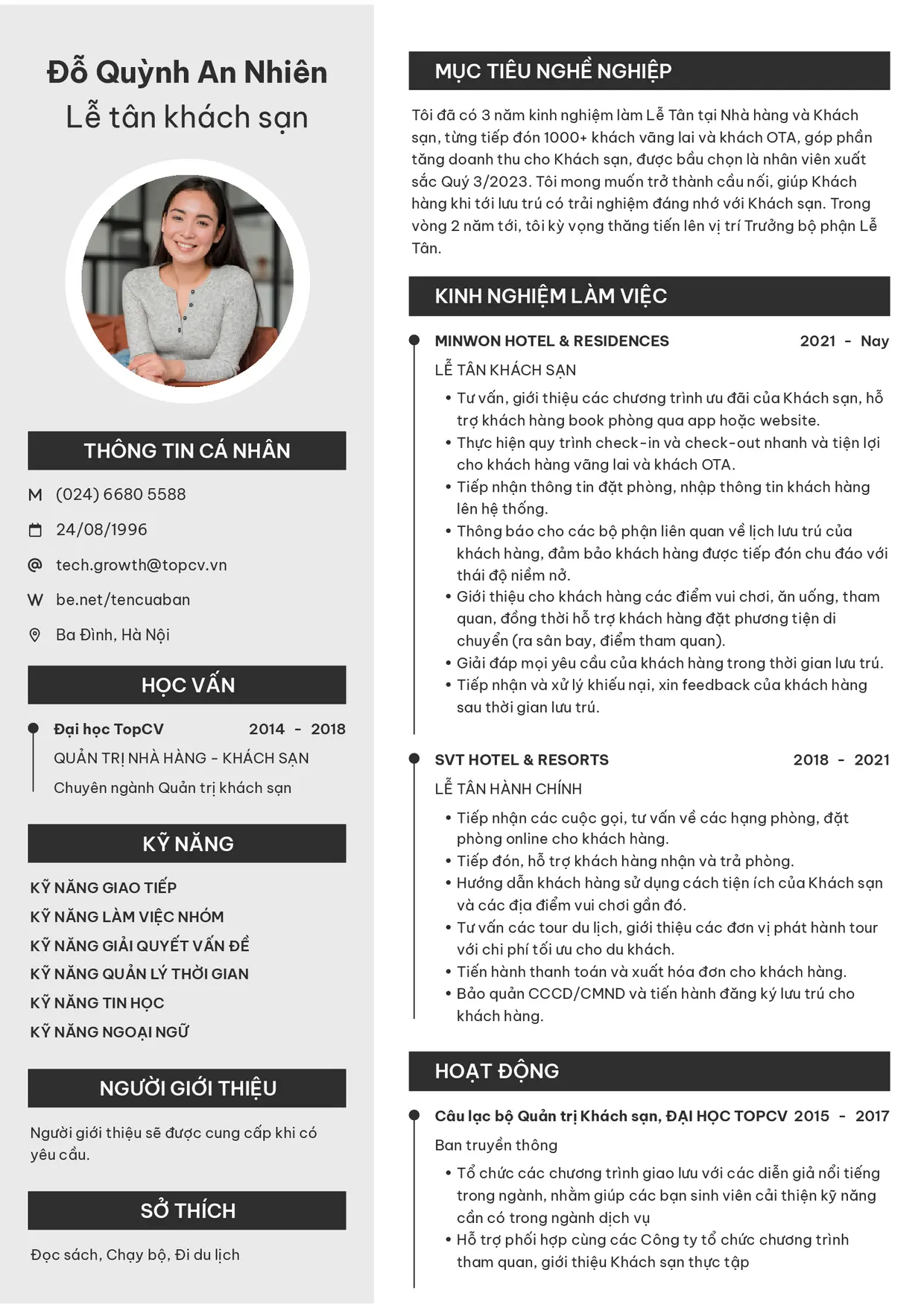 Mẫu CV xin việc Lễ tân khách sạn style Clarity
