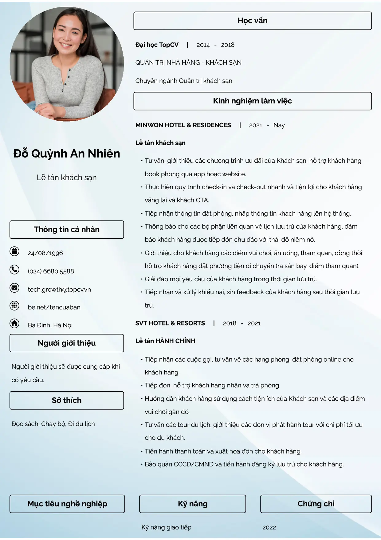 Mẫu CV xin việc Lễ tân khách sạn style Đam mê