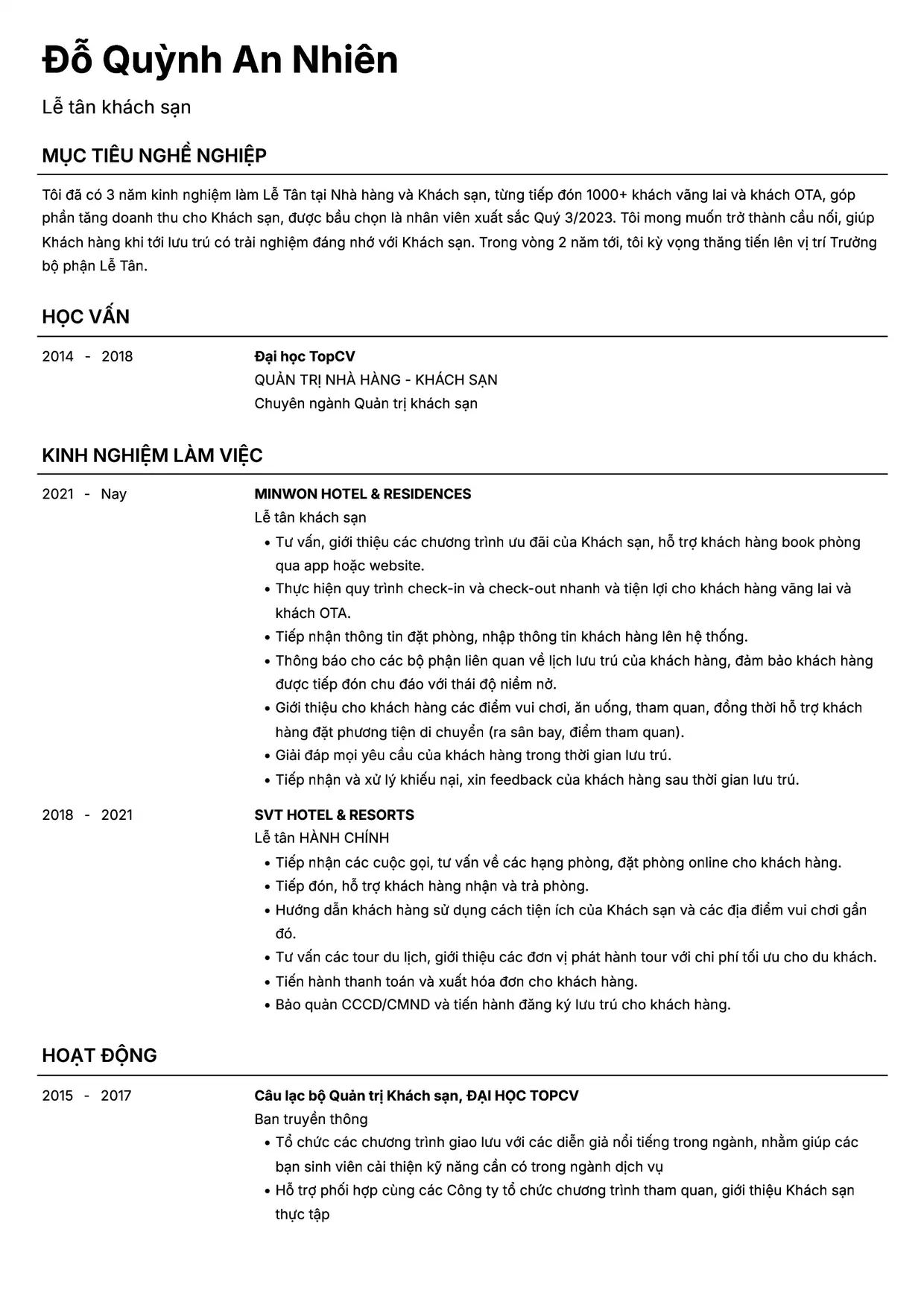 Mẫu CV xin việc Lễ tân khách sạn style Headhunt