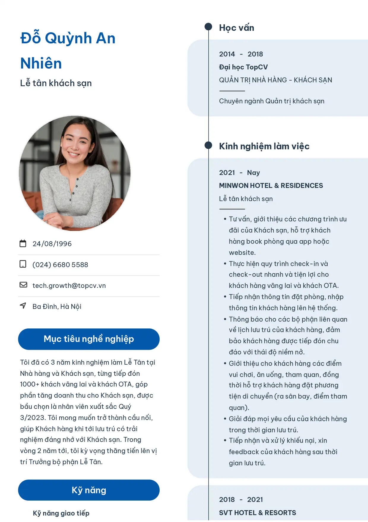 Mẫu CV xin việc Lễ tân khách sạn style Sinh viên 3