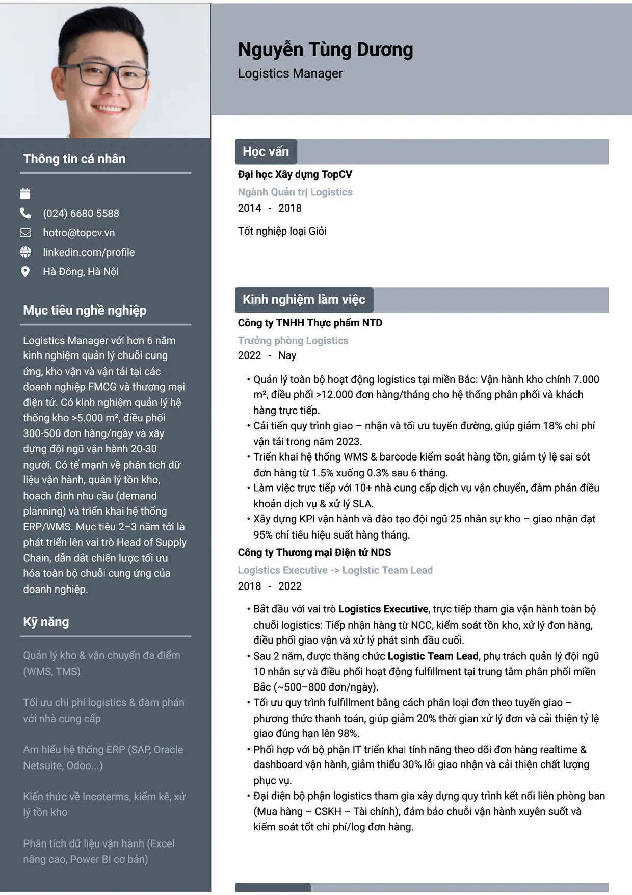 Mẫu CV xin việc Logistics Manager/Trưởng phòng Logistics style Basic 1