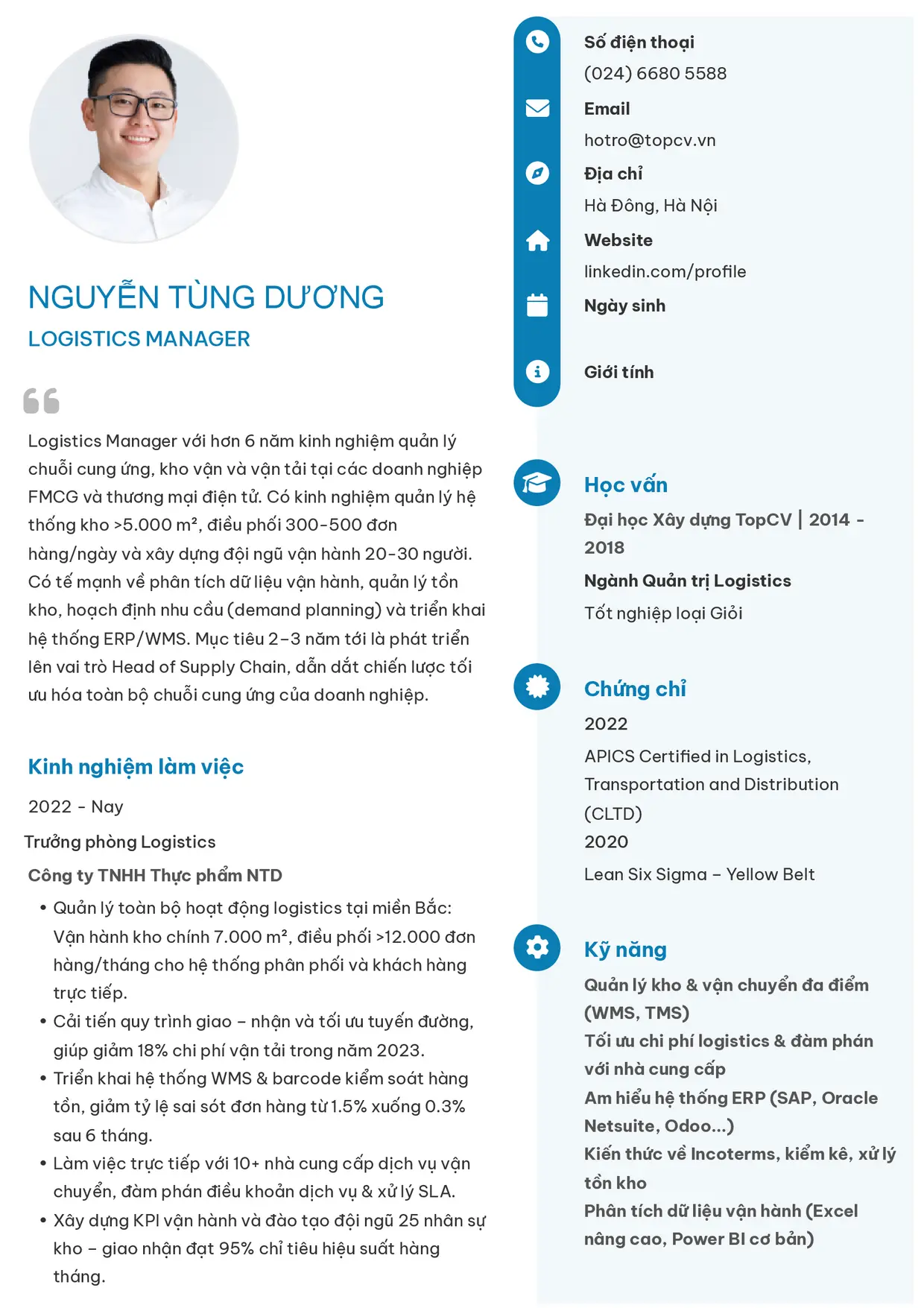Mẫu CV xin việc Logistics Manager/Trưởng phòng Logistics style Basic 4