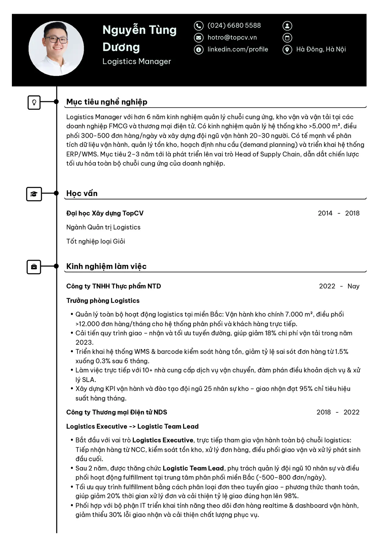 Mẫu CV xin việc Logistics Manager/Trưởng phòng Logistics style Cao Cấp