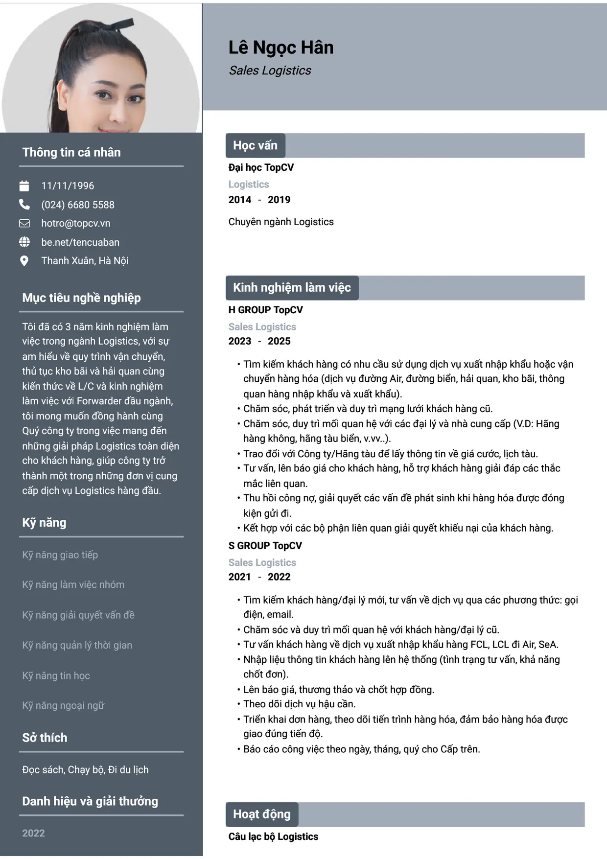 Mẫu CV xin việc Logistics Sales style Basic 1