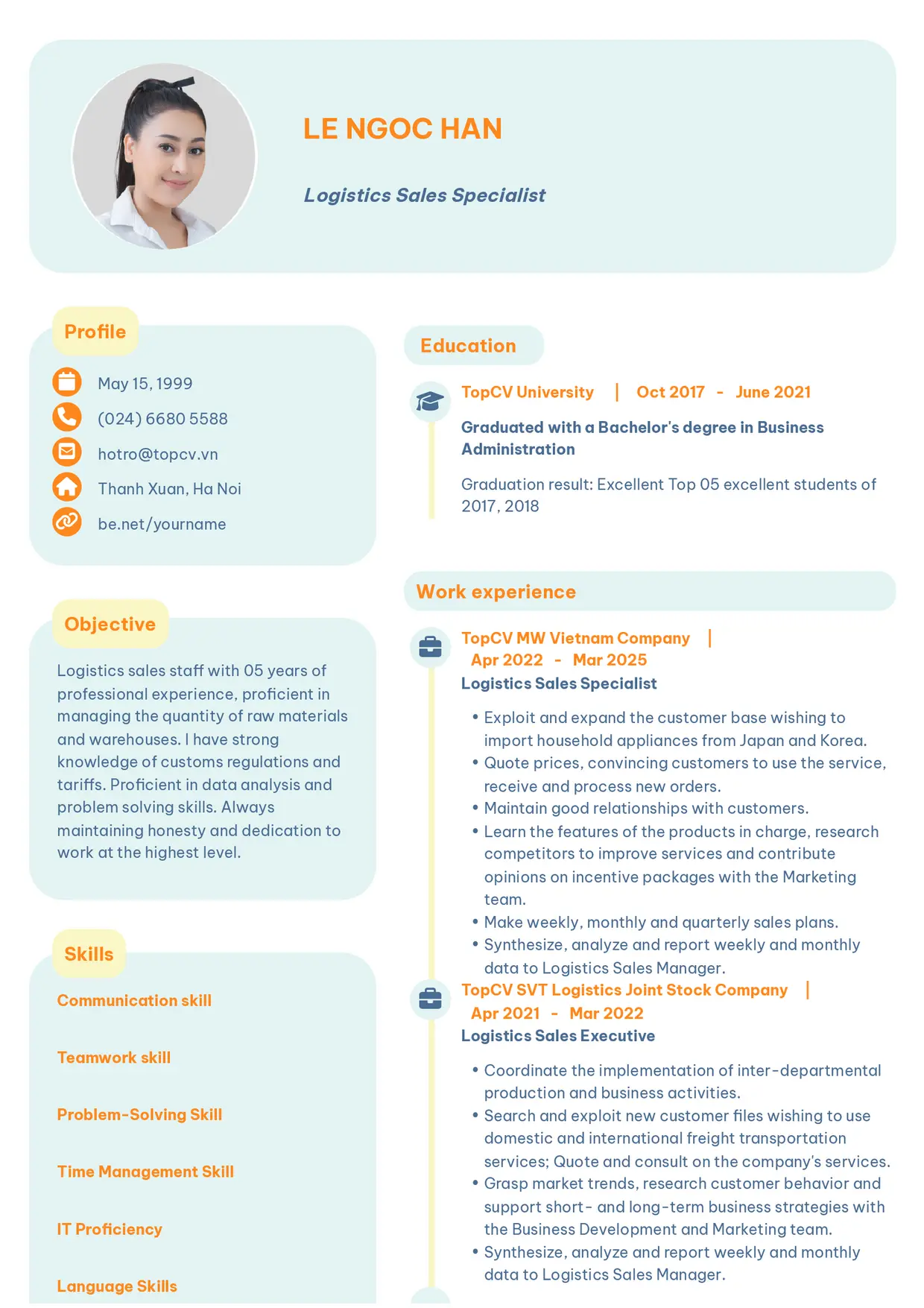 Mẫu CV xin việc Sales Logistic style Basic 3