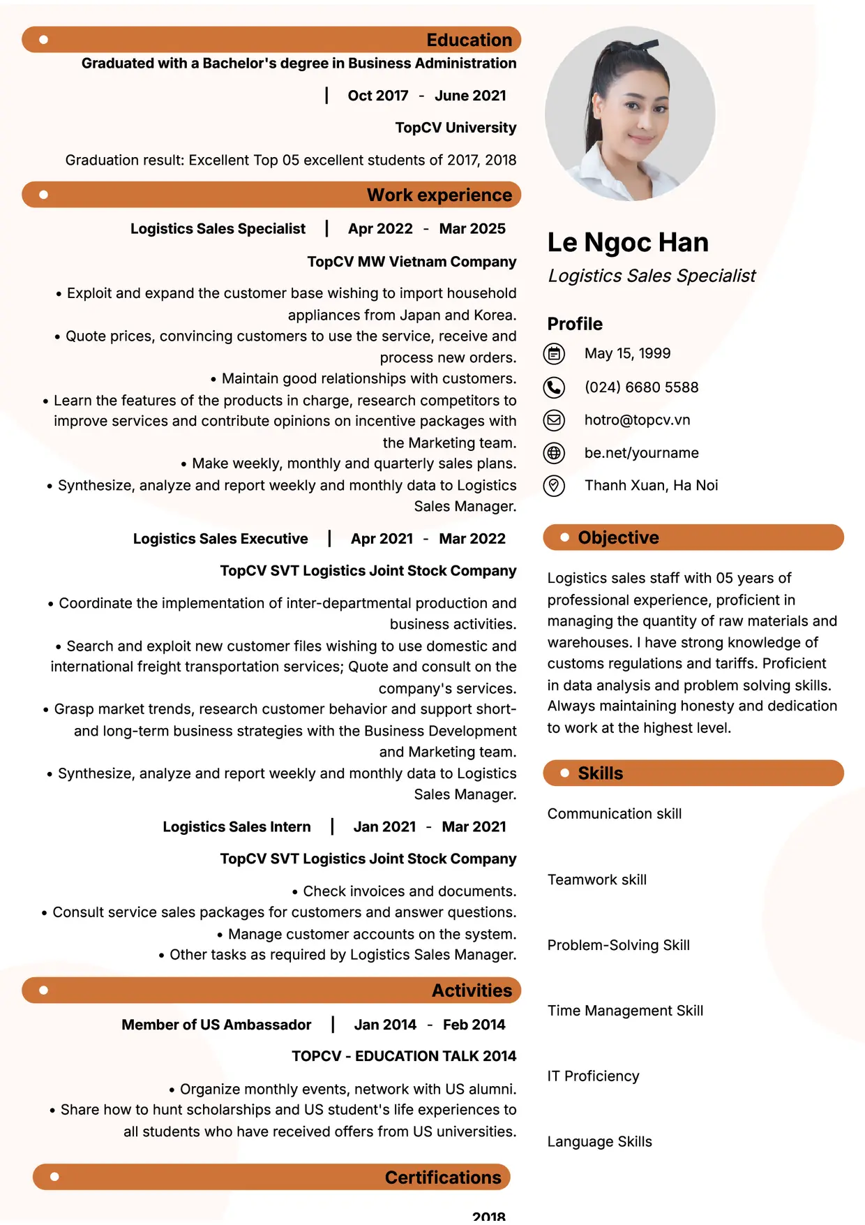 Mẫu CV xin việc Sales Logistic style Basic 5