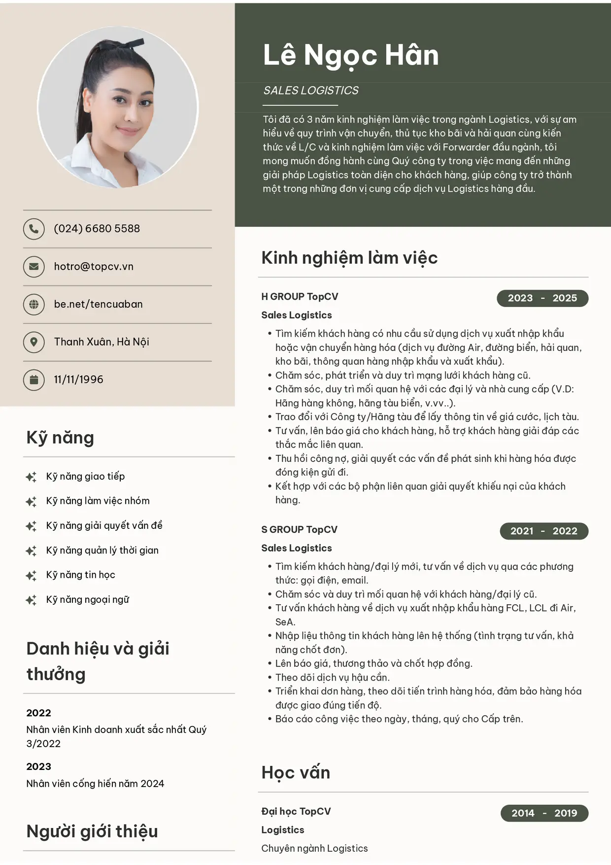 Mẫu CV xin việc Logistics Sales style Bright