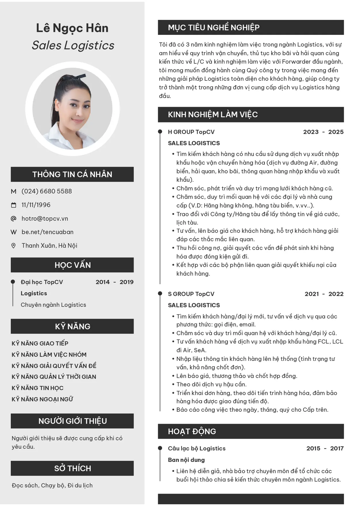 Mẫu CV xin việc Logistics Sales style Clarity