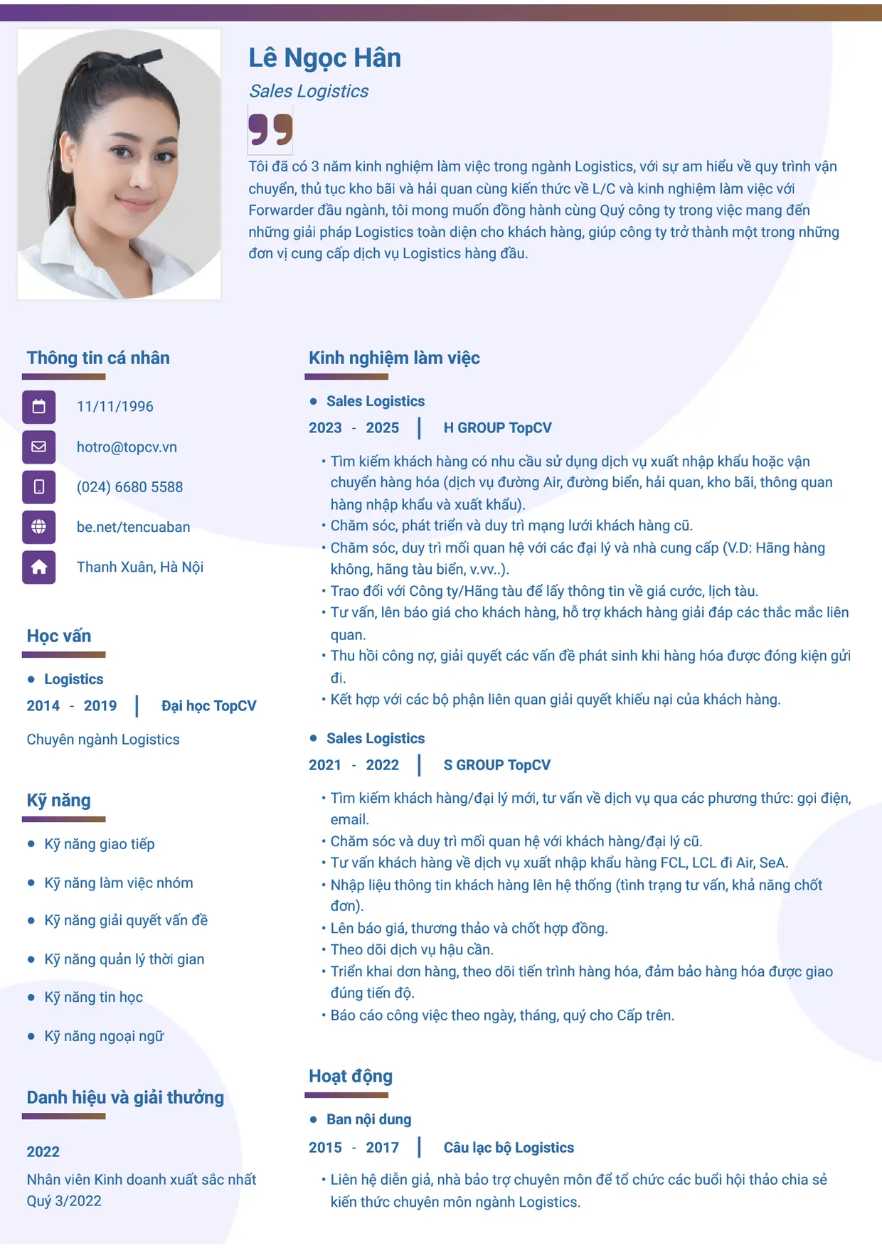 Mẫu CV xin việc Logistics Sales style Gradient 1