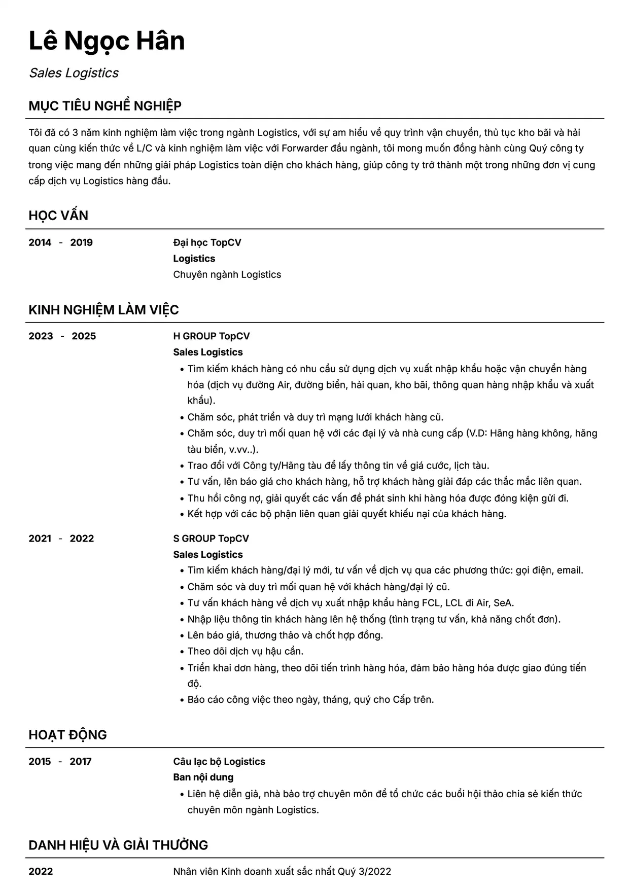 Mẫu CV xin việc Logistics Sales style Headhunt