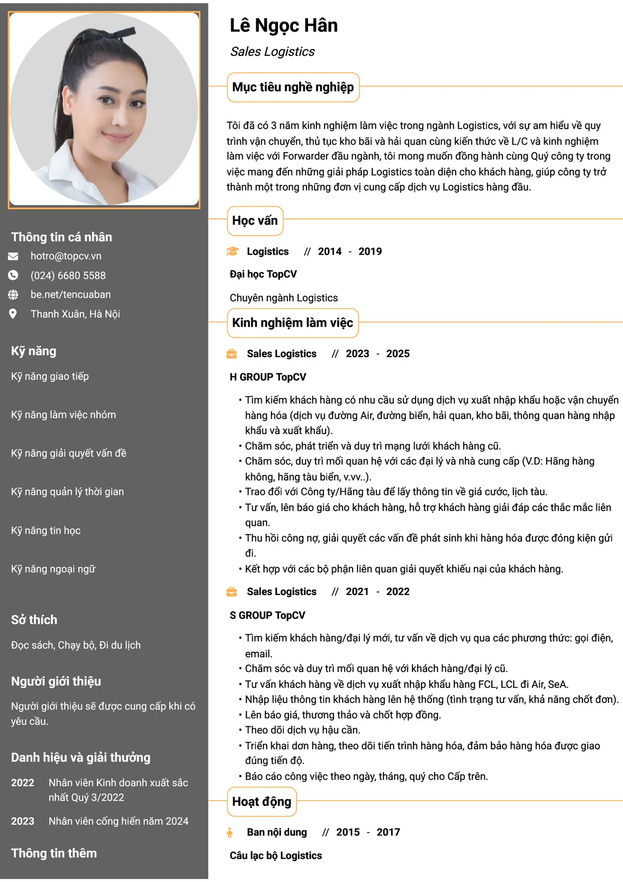Mẫu CV xin việc Logistics Sales style Thành đạt