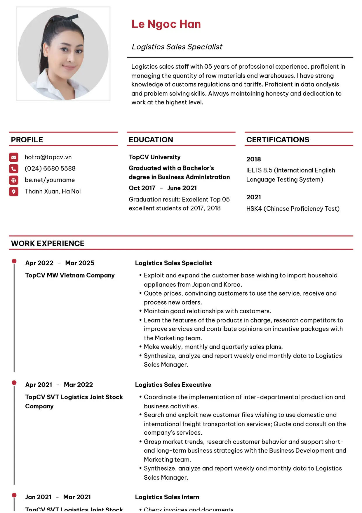 Mẫu CV xin việc Sales Logistic style Thanh lịch
