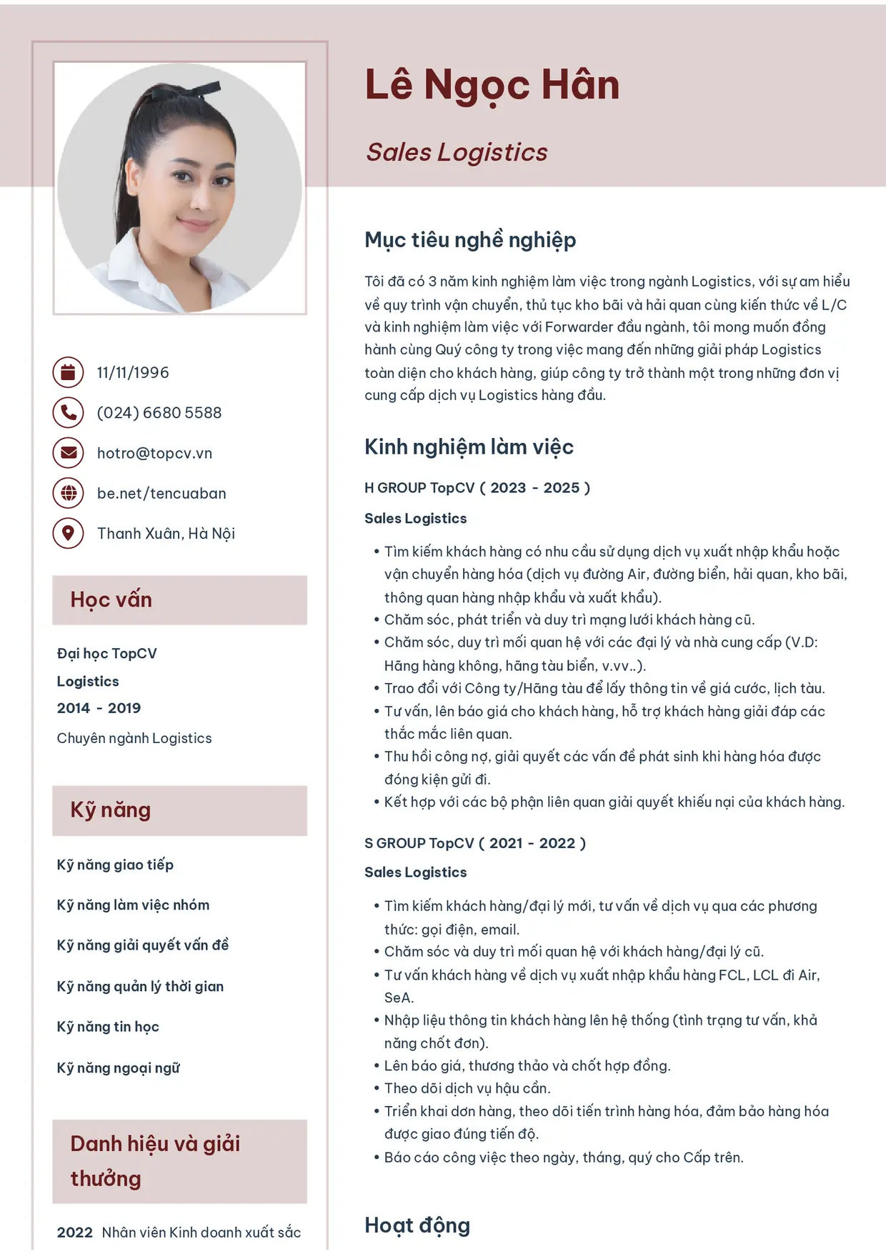 Mẫu CV xin việc Logistics Sales style Thanh nhã