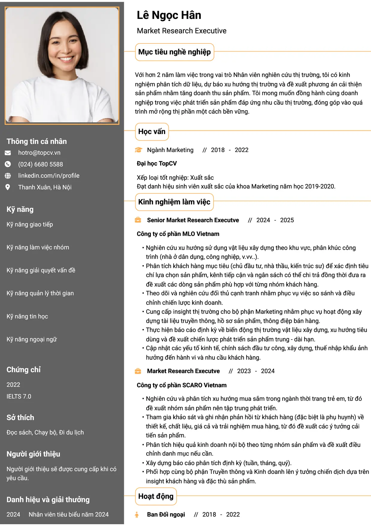 Mẫu CV xin việc Market Research style Thành đạt