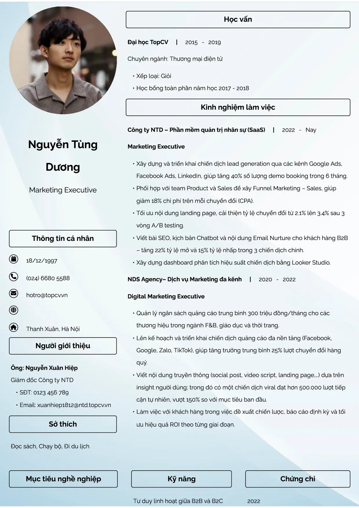 Mẫu CV xin việc Marketing Executive style Đam mê
