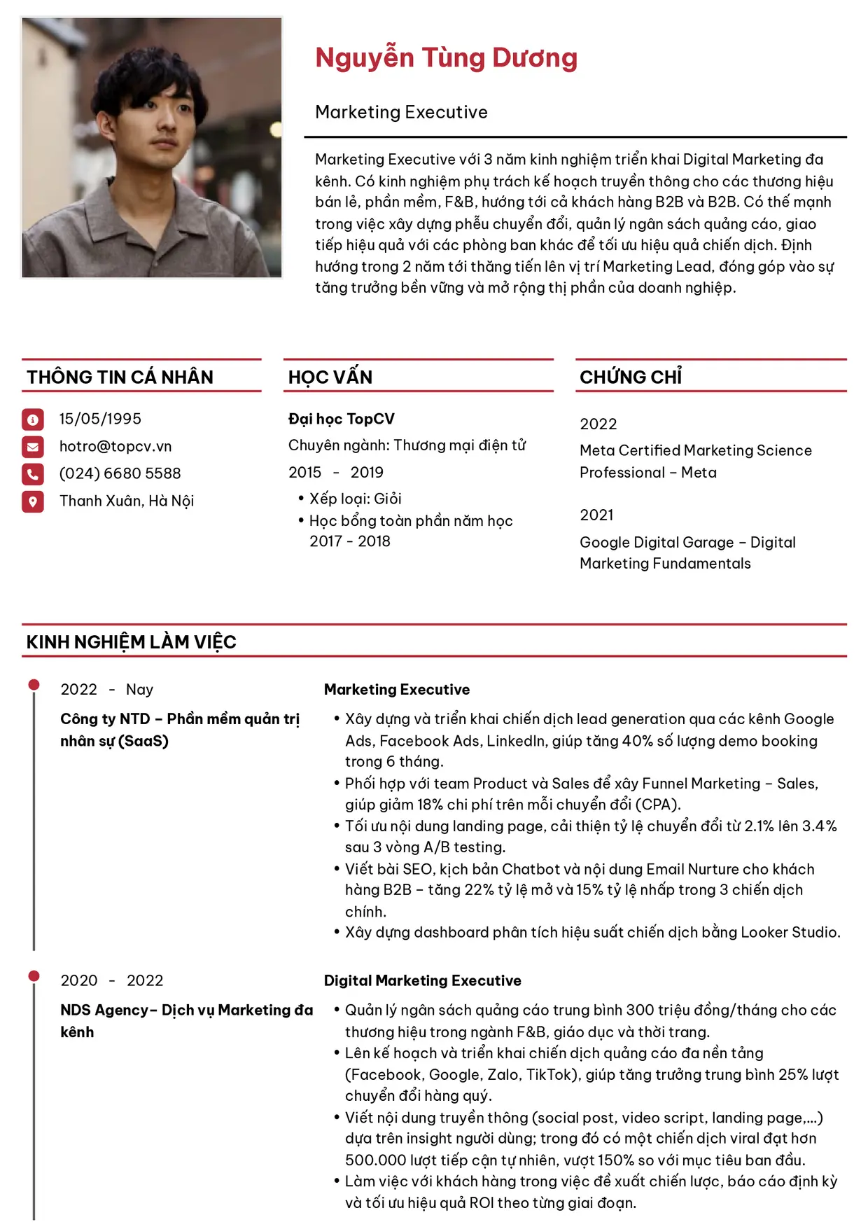Mẫu CV xin việc Marketing Executive style Thanh lịch
