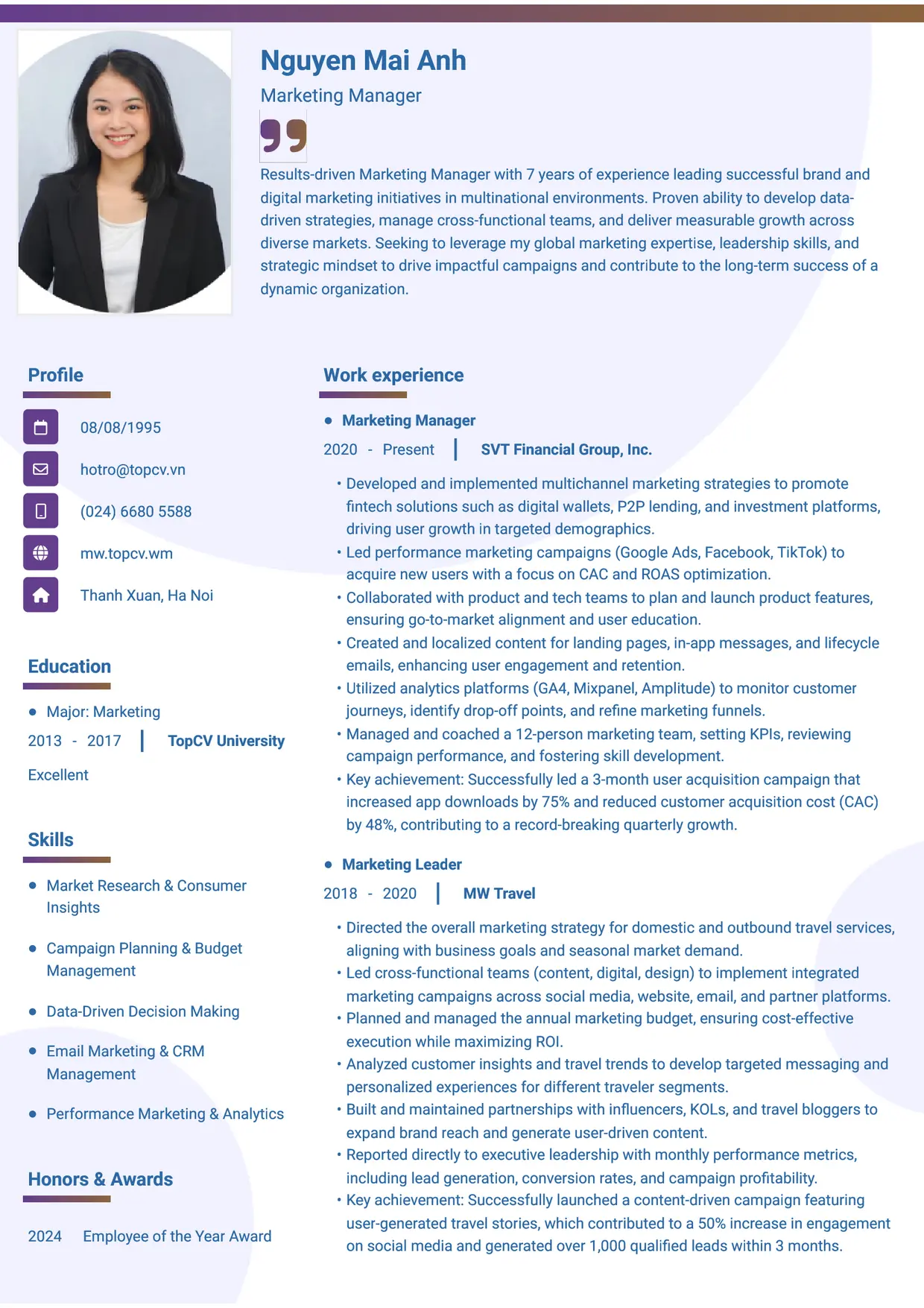 Mẫu CV xin việc Marketing manager/Trưởng phòng Marketing style Gradient 1