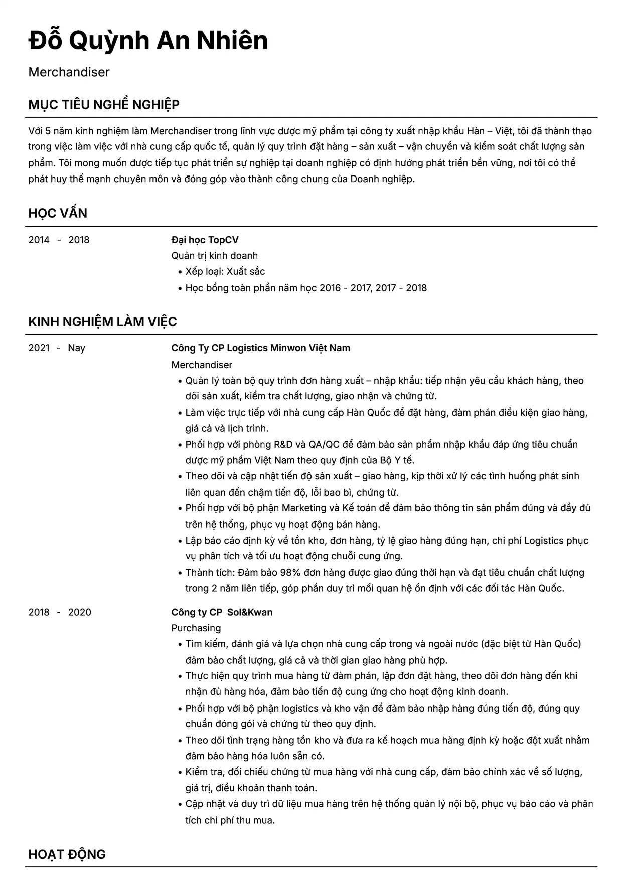 Mẫu CV xin việc Merchandiser style Headhunt