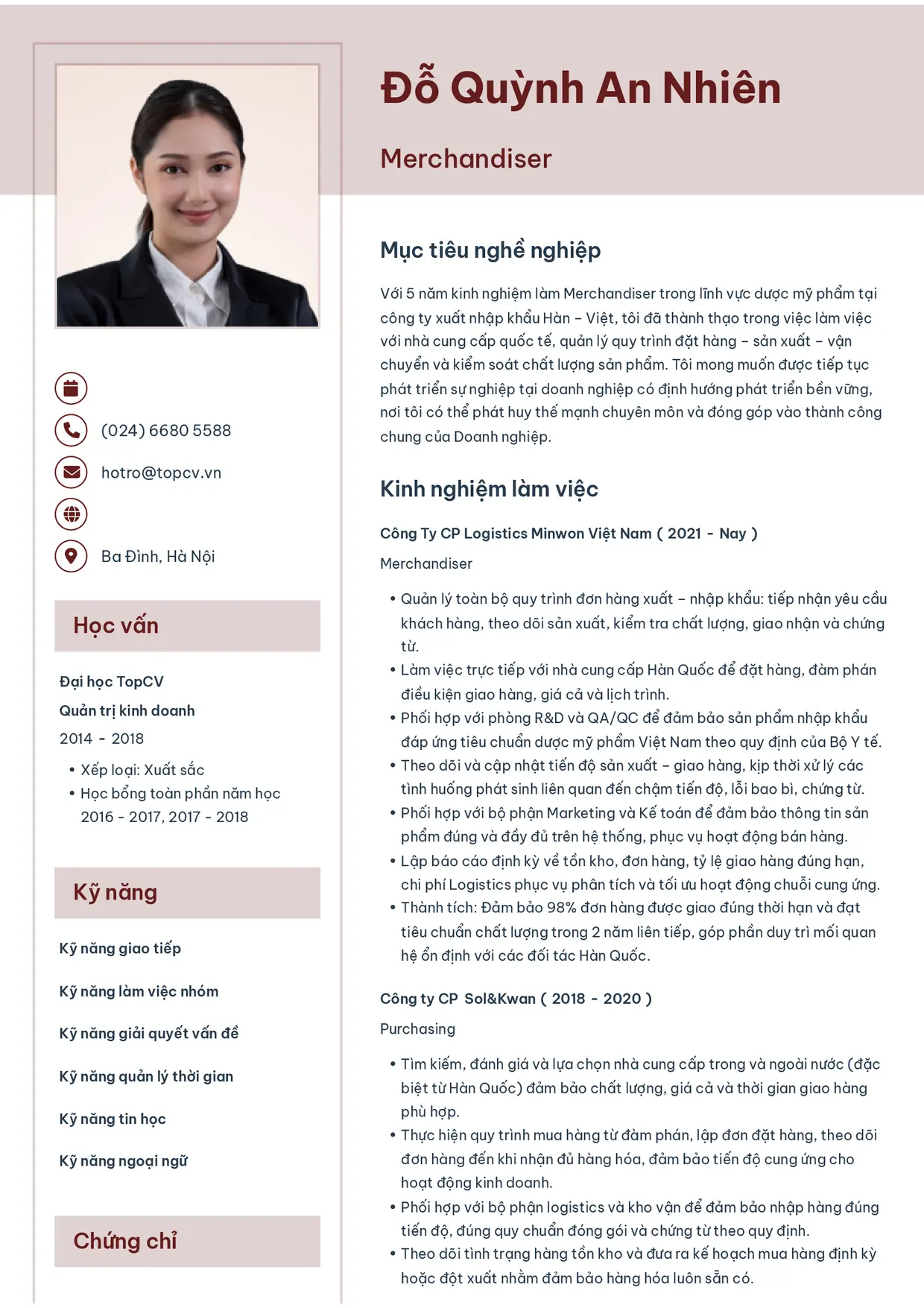 Mẫu CV xin việc Merchandiser style Thanh nhã
