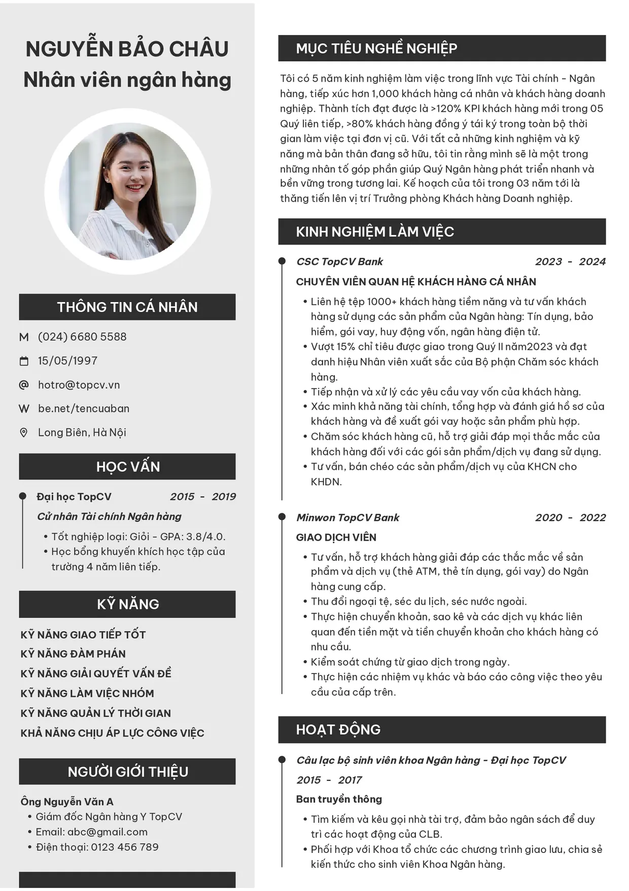 Mẫu CV xin việc Ngân hàng style Clarity
