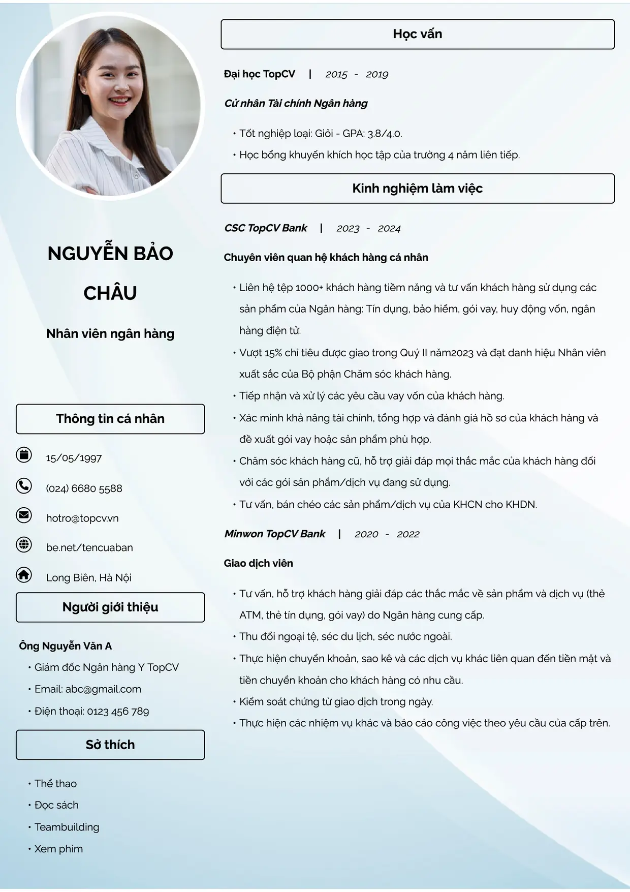 Mẫu CV xin việc Ngân hàng style Đam mê