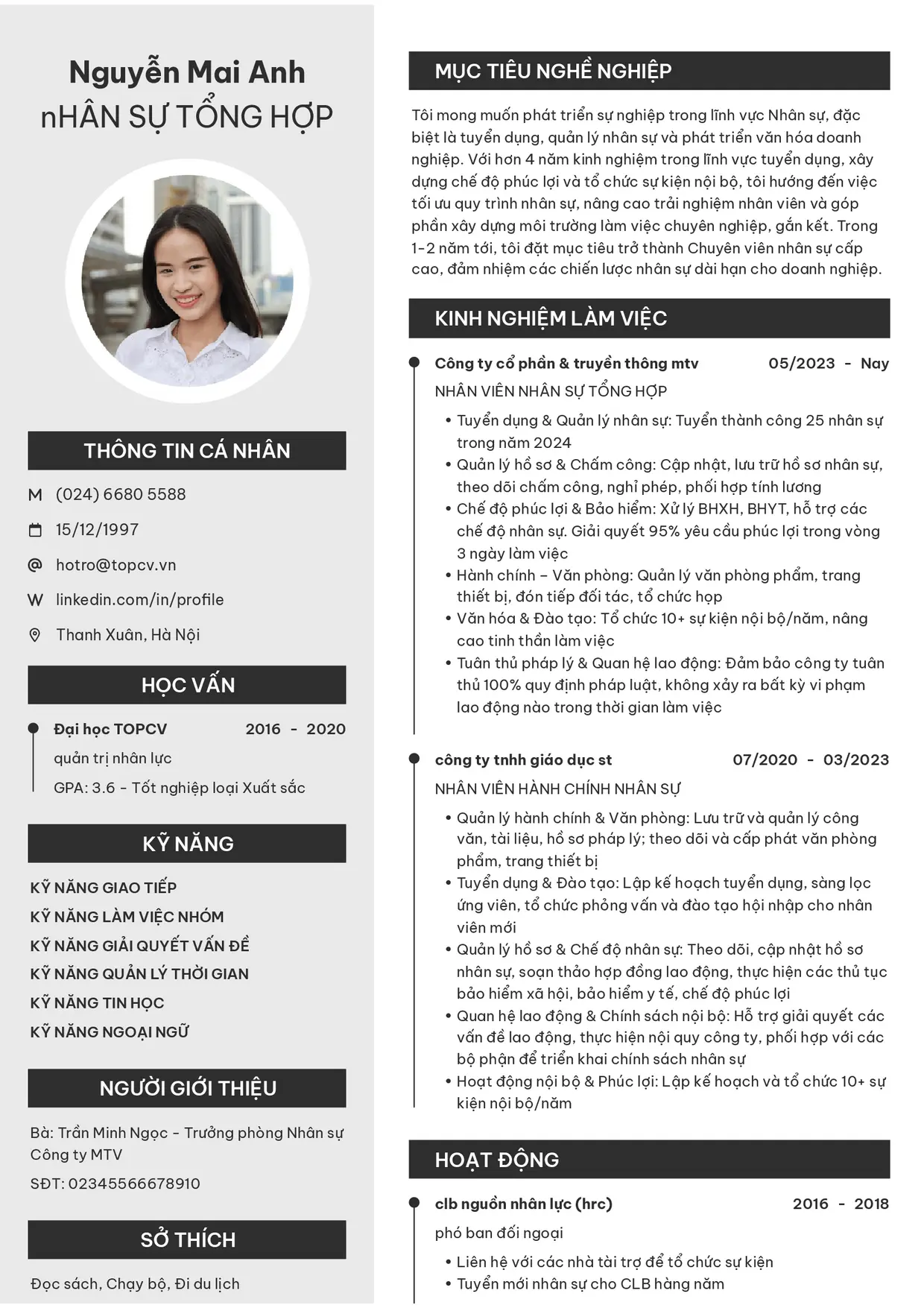 Mẫu CV xin việc Nhân sự tổng hợp style Clarity