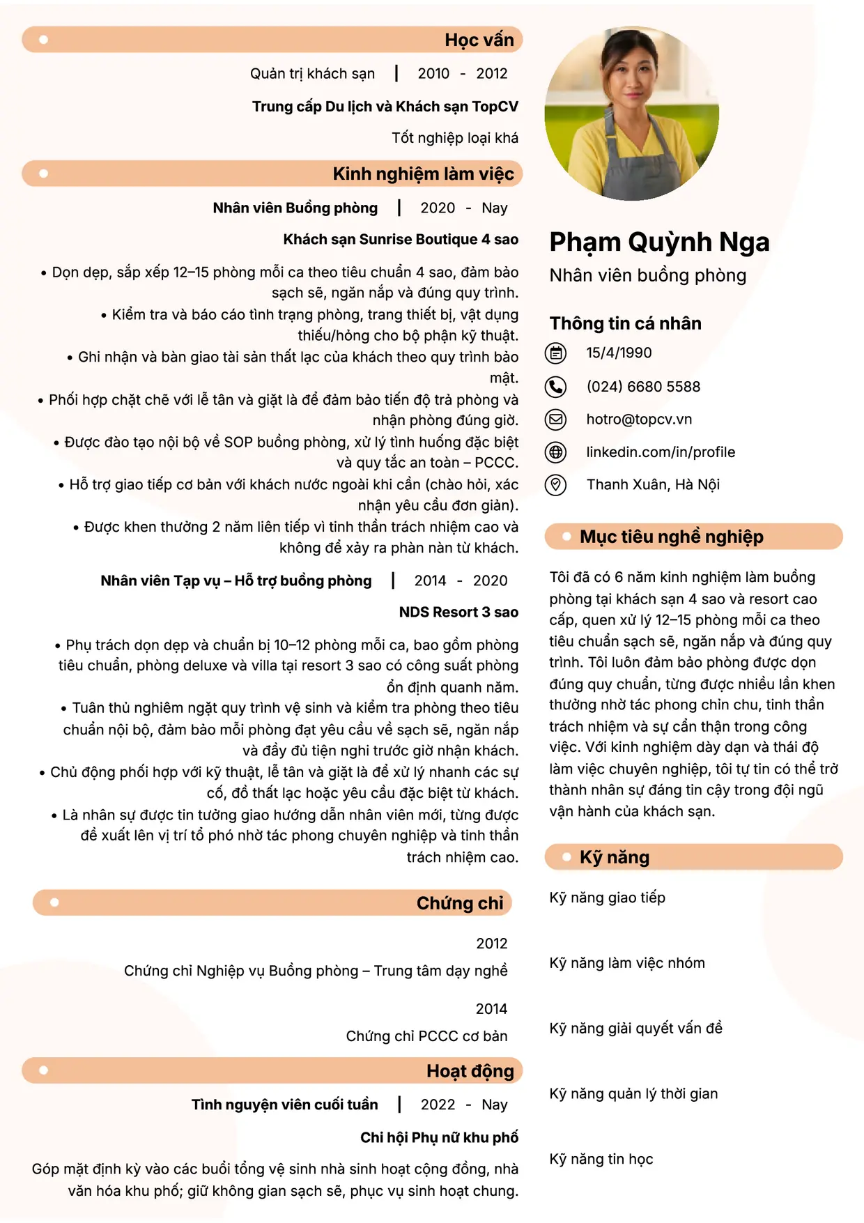 Mẫu CV Nhân viên buồng phòng style Basic 5