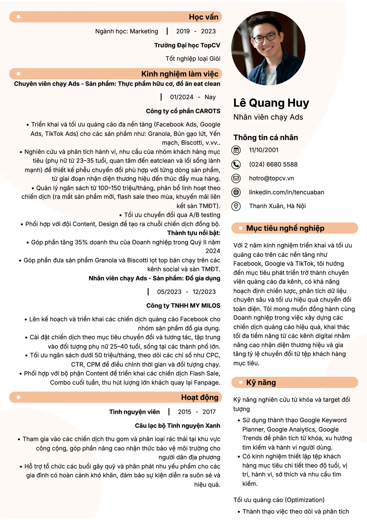 Mẫu CV xin việc Nhân viên chạy Ads style Basic 5