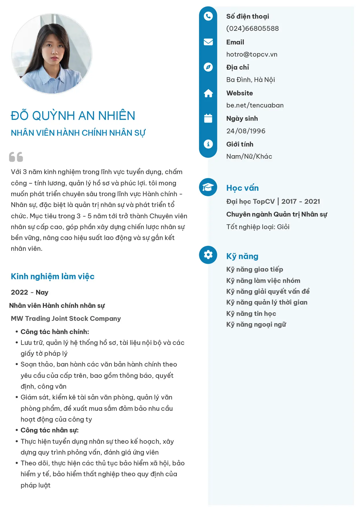 Mẫu CV xin việc Nhân viên hành chính nhân sự style Basic 4