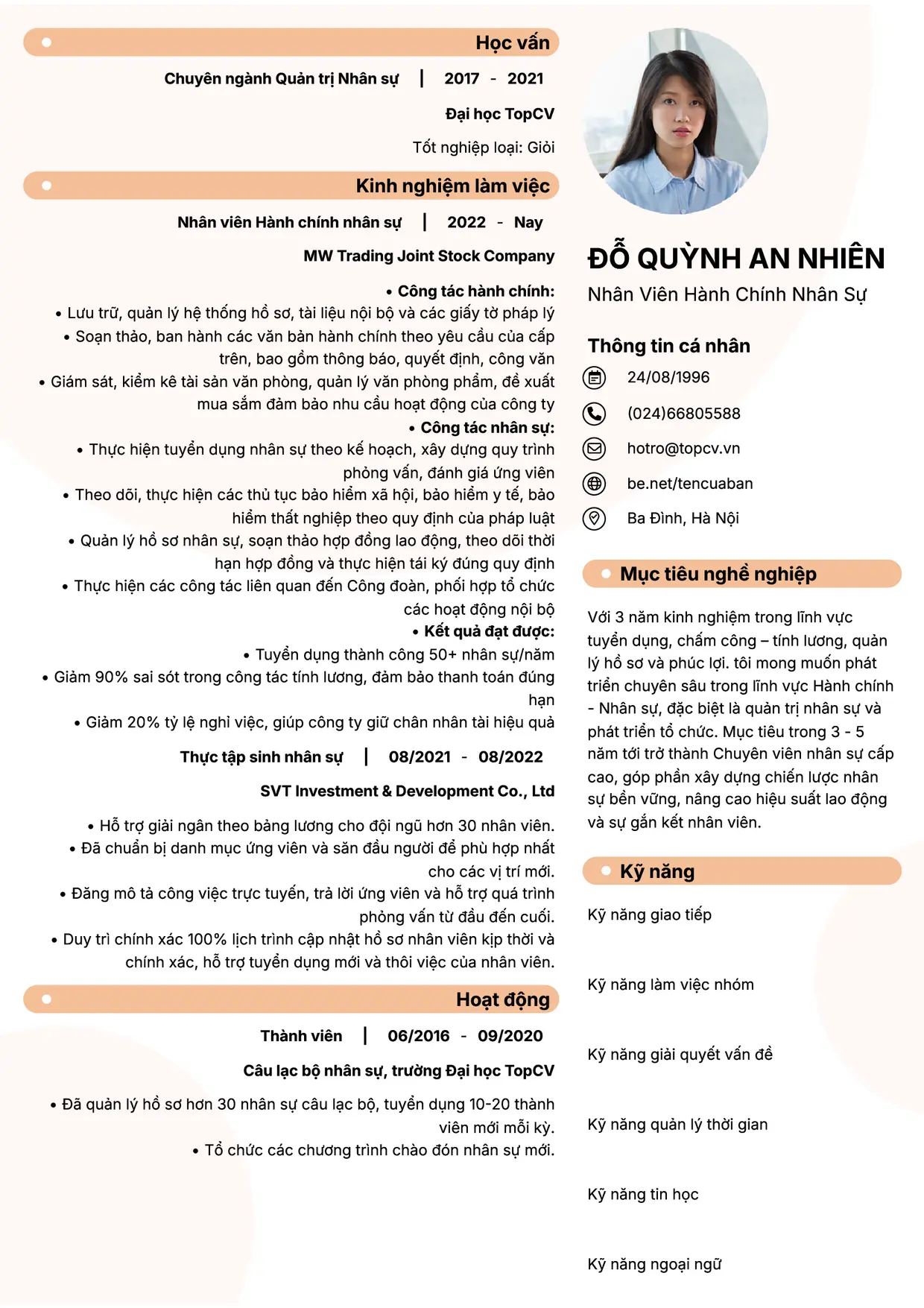 Mẫu CV xin việc Nhân viên hành chính nhân sự style Basic 5