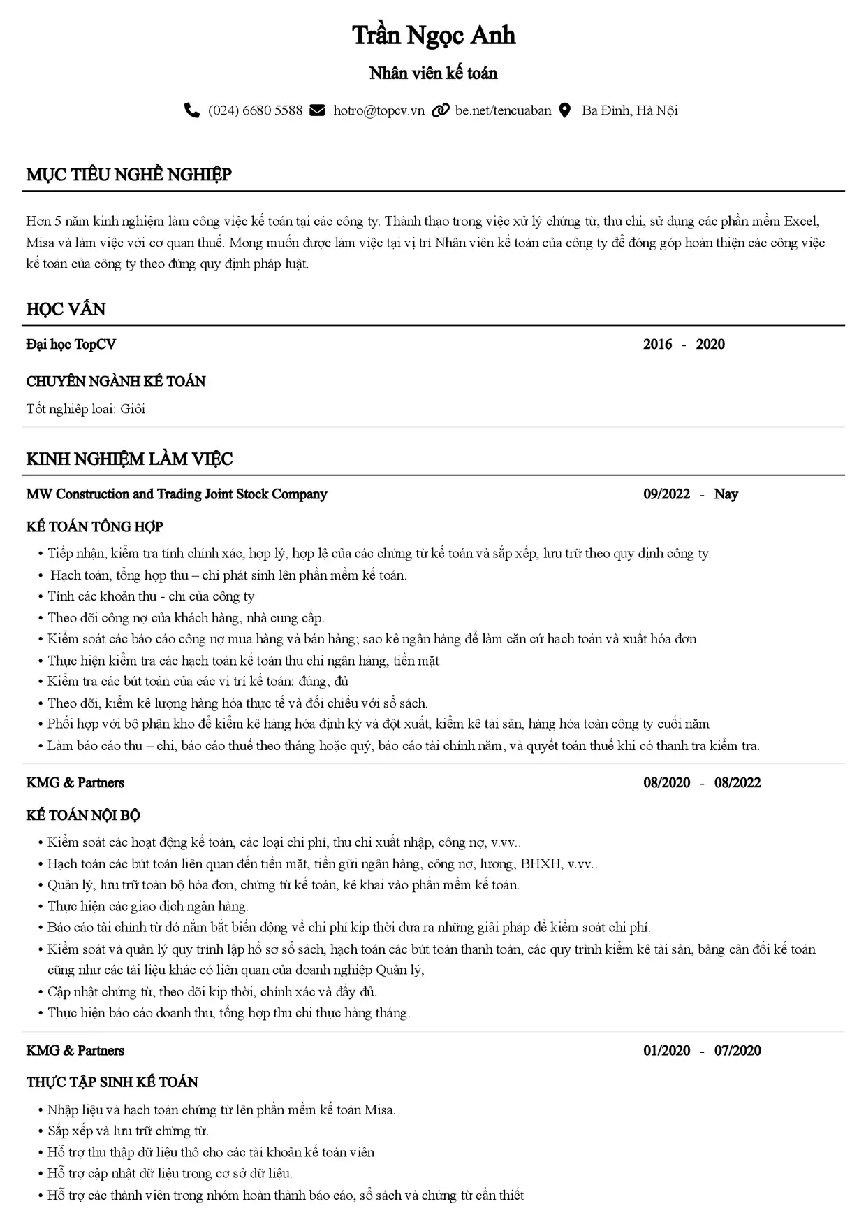 Mẫu CV Nhân viên kế toán style Senior