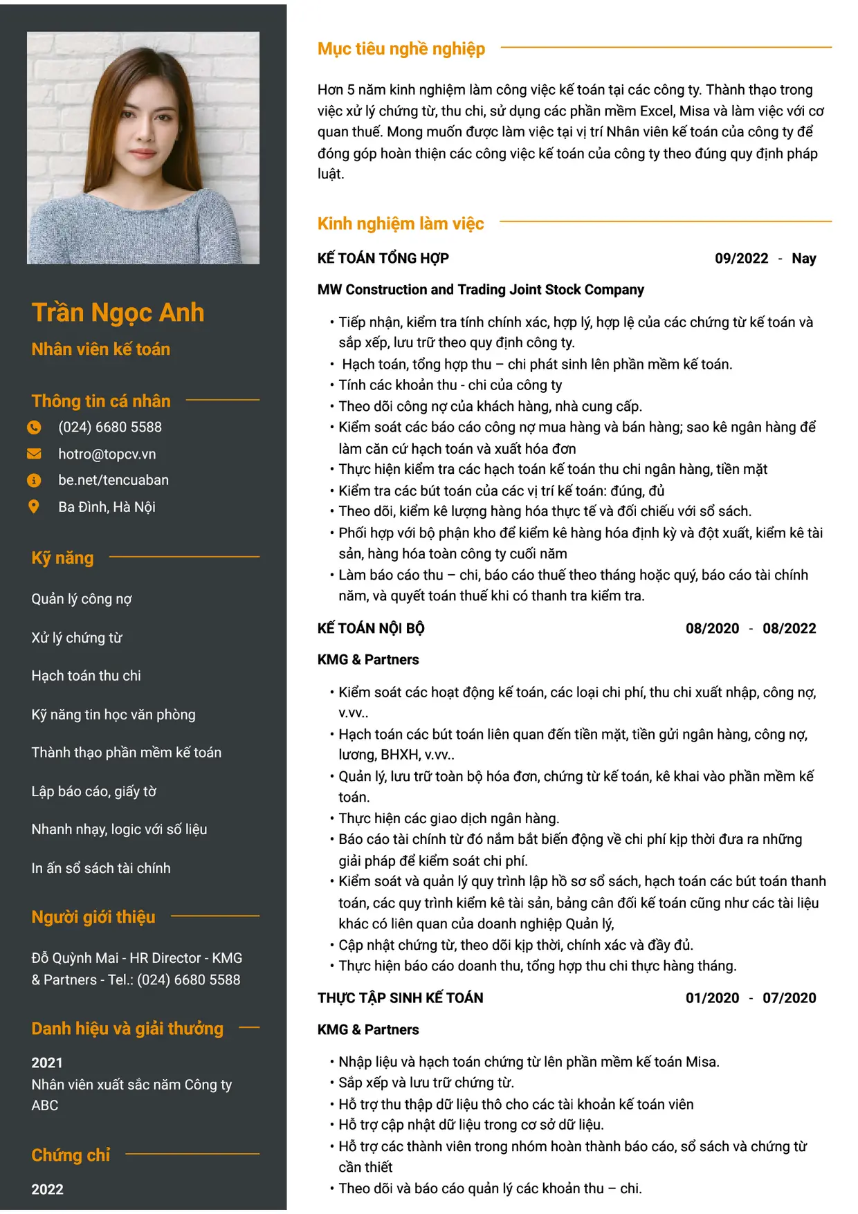 Mẫu CV Nhân viên kế toán style Tham vọng