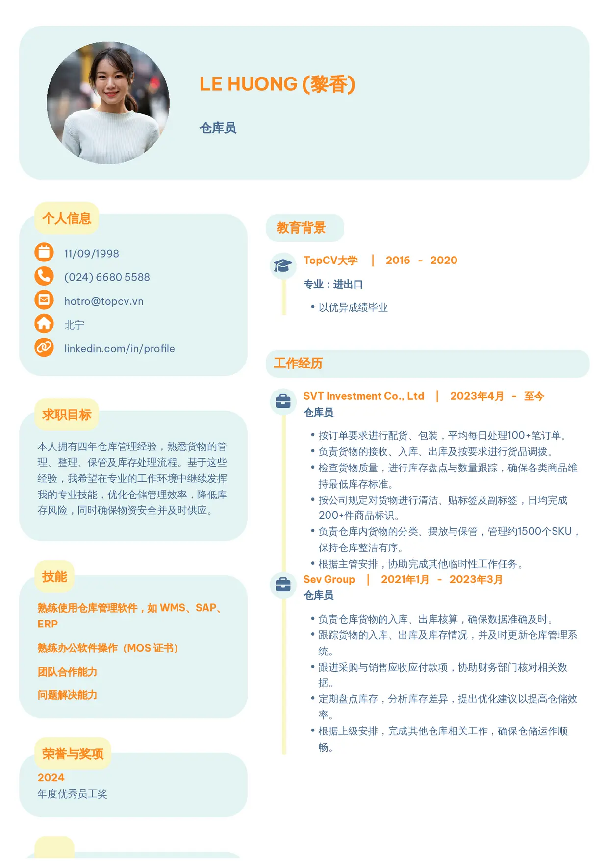Mẫu CV xin việc Nhân viên kho style Basic 3
