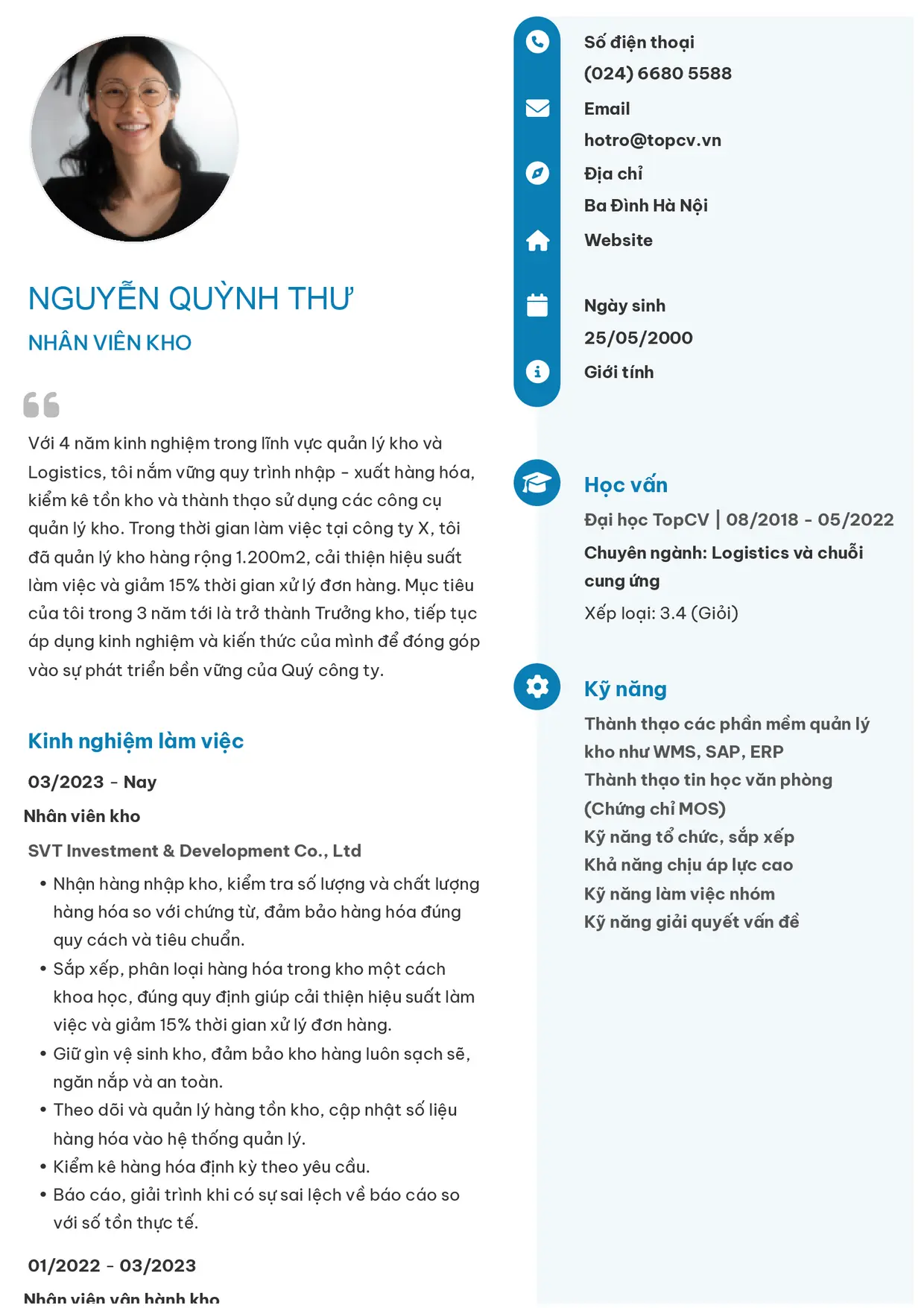 Mẫu CV xin việc Nhân viên kho style Basic 4