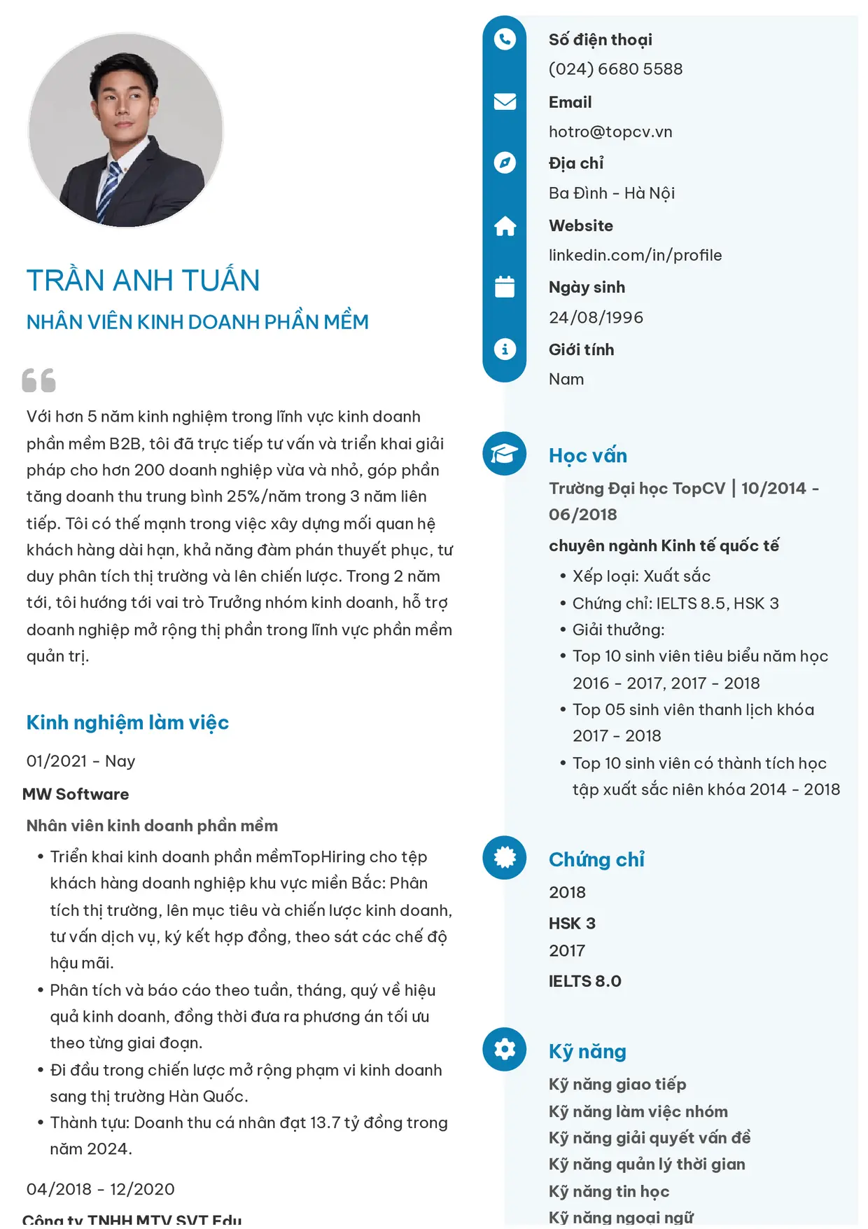 Mẫu CV xin việc Kinh doanh phần mềm style Basic 4