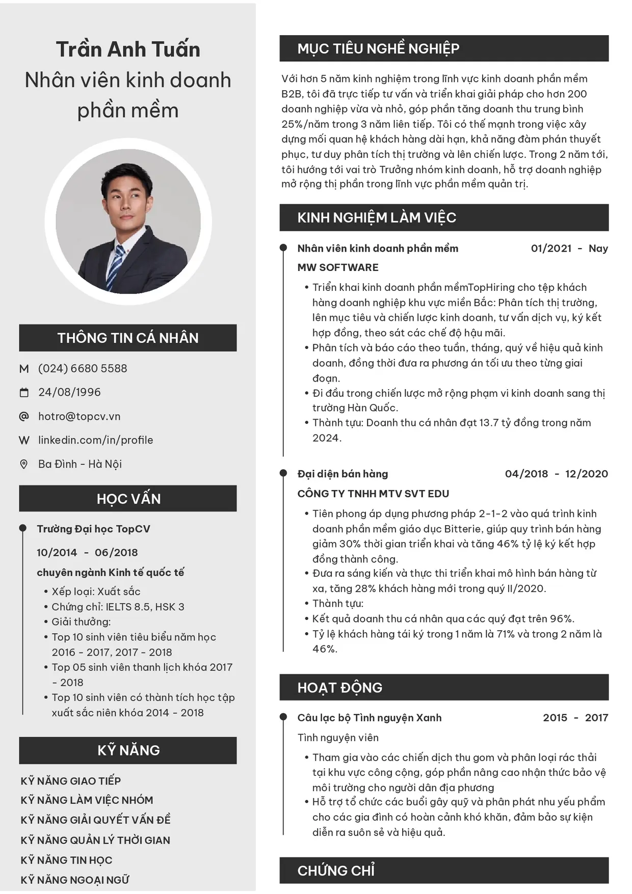 Mẫu CV xin việc Kinh doanh phần mềm style Clarity