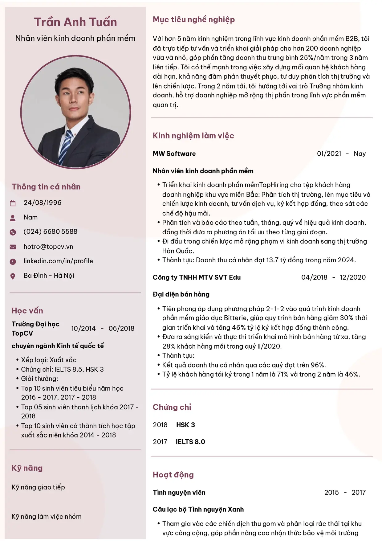 Mẫu CV xin việc Kinh doanh phần mềm style Hiện đại 6