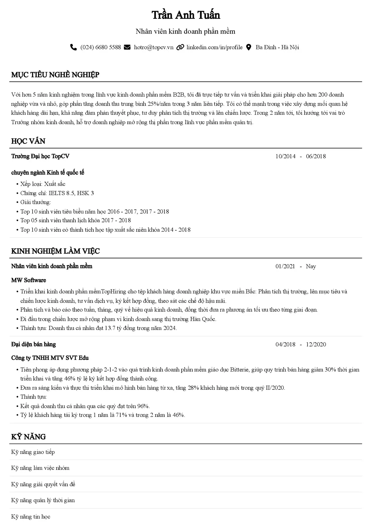 Mẫu CV xin việc Kinh doanh phần mềm style Senior