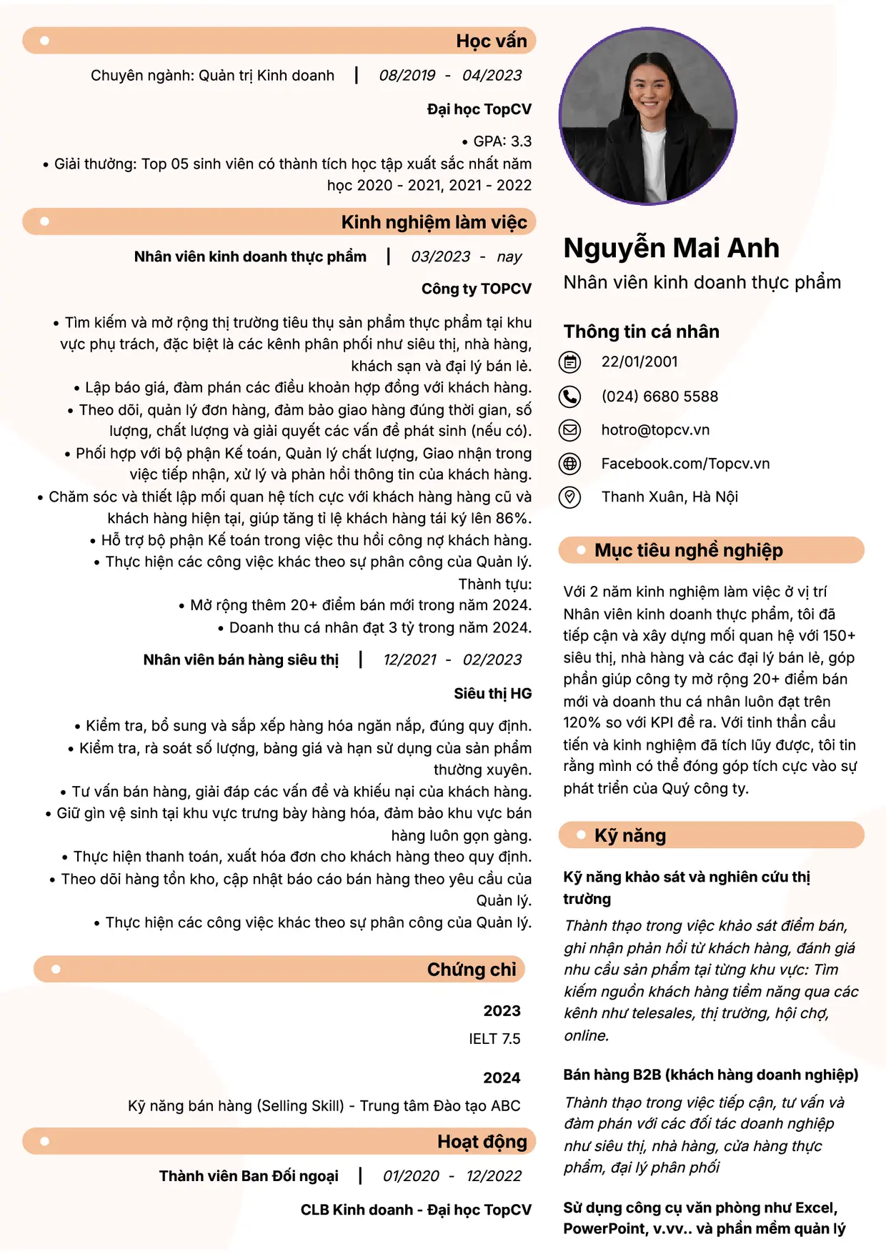 Mẫu CV xin việc Kinh doanh thực phẩm style Basic 5