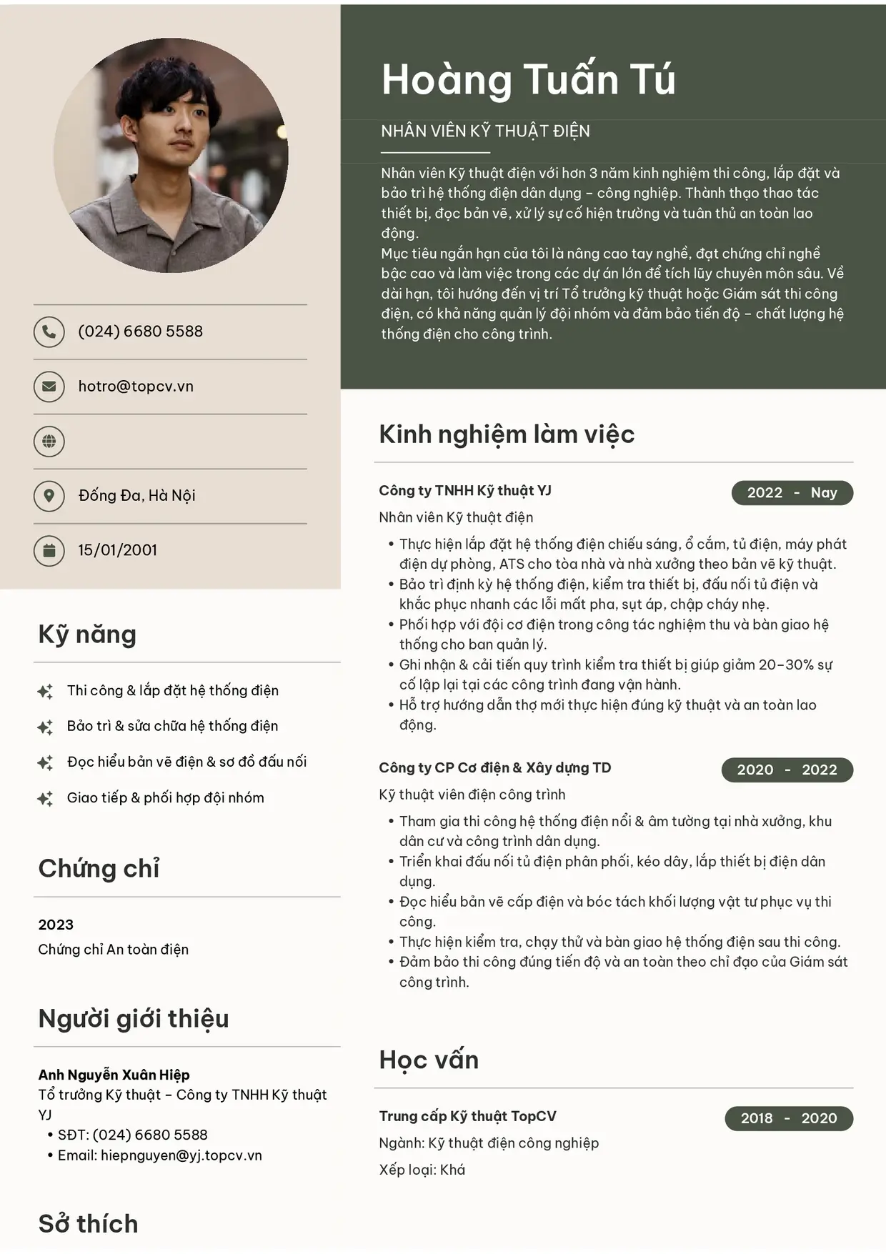 Mẫu CV Nhân viên Kỹ thuật điện style Bright