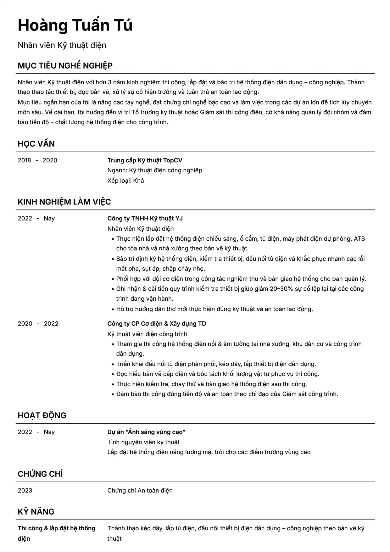 Mẫu CV Nhân viên Kỹ thuật điện style Headhunt