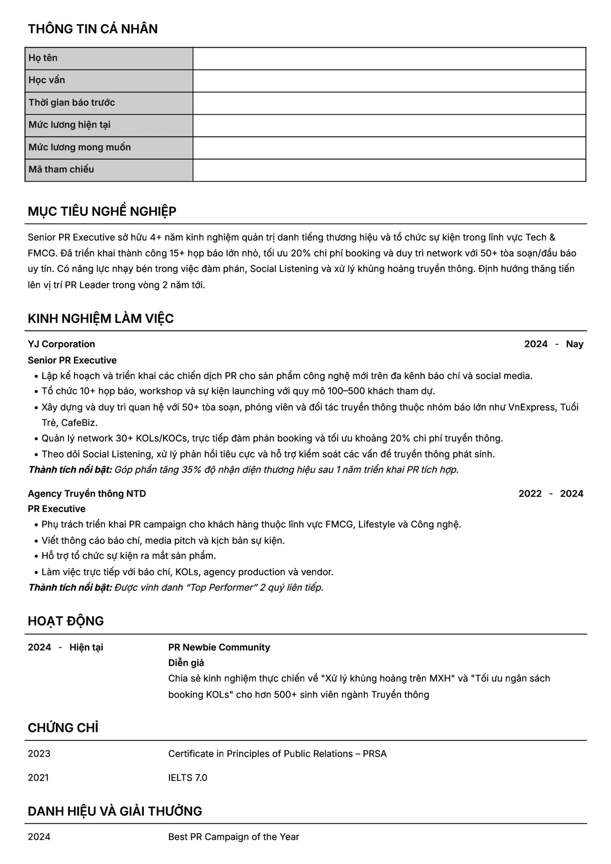 Mẫu CV xin việc Nhân viên PR style Headhunt