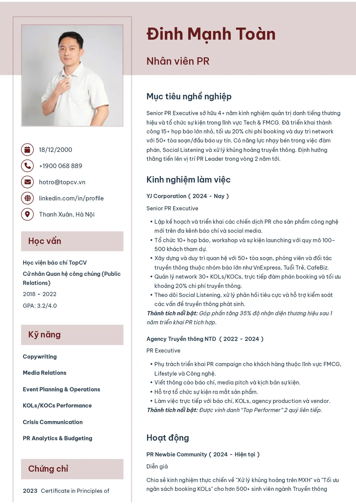 Mẫu CV xin việc Nhân viên PR style Thanh nhã