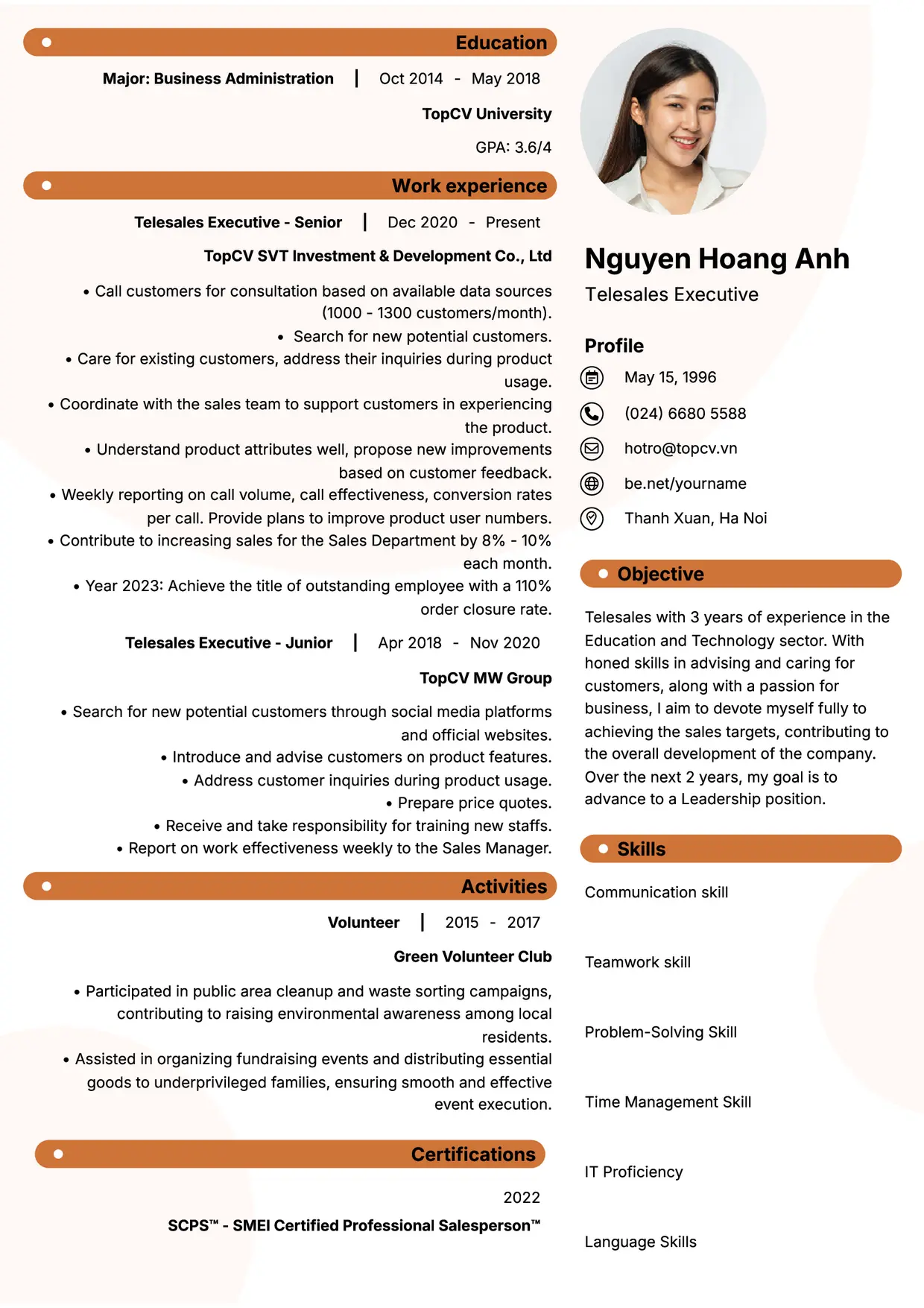 Mẫu CV xin việc Nhân viên Telesales style Basic 5