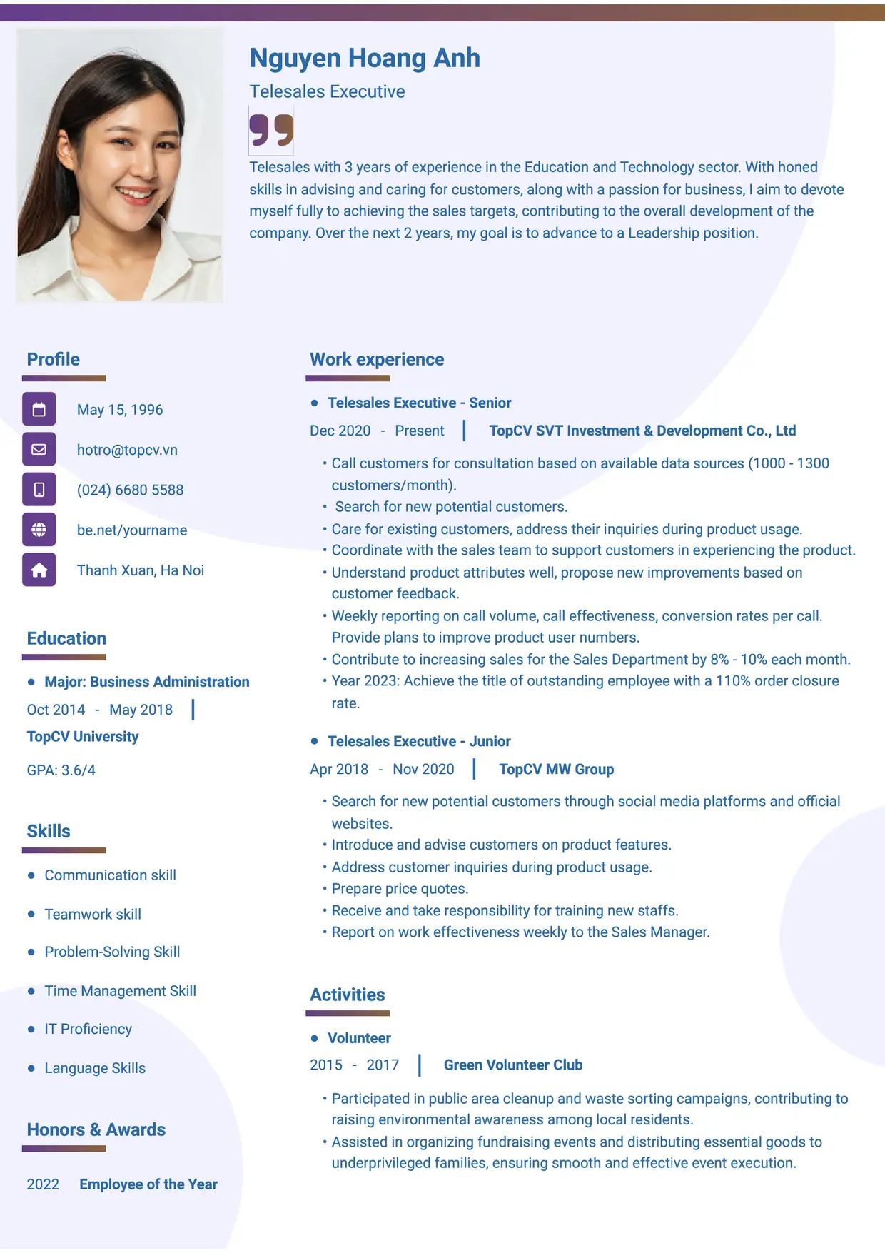 Mẫu CV xin việc Nhân viên Telesales style Gradient 1