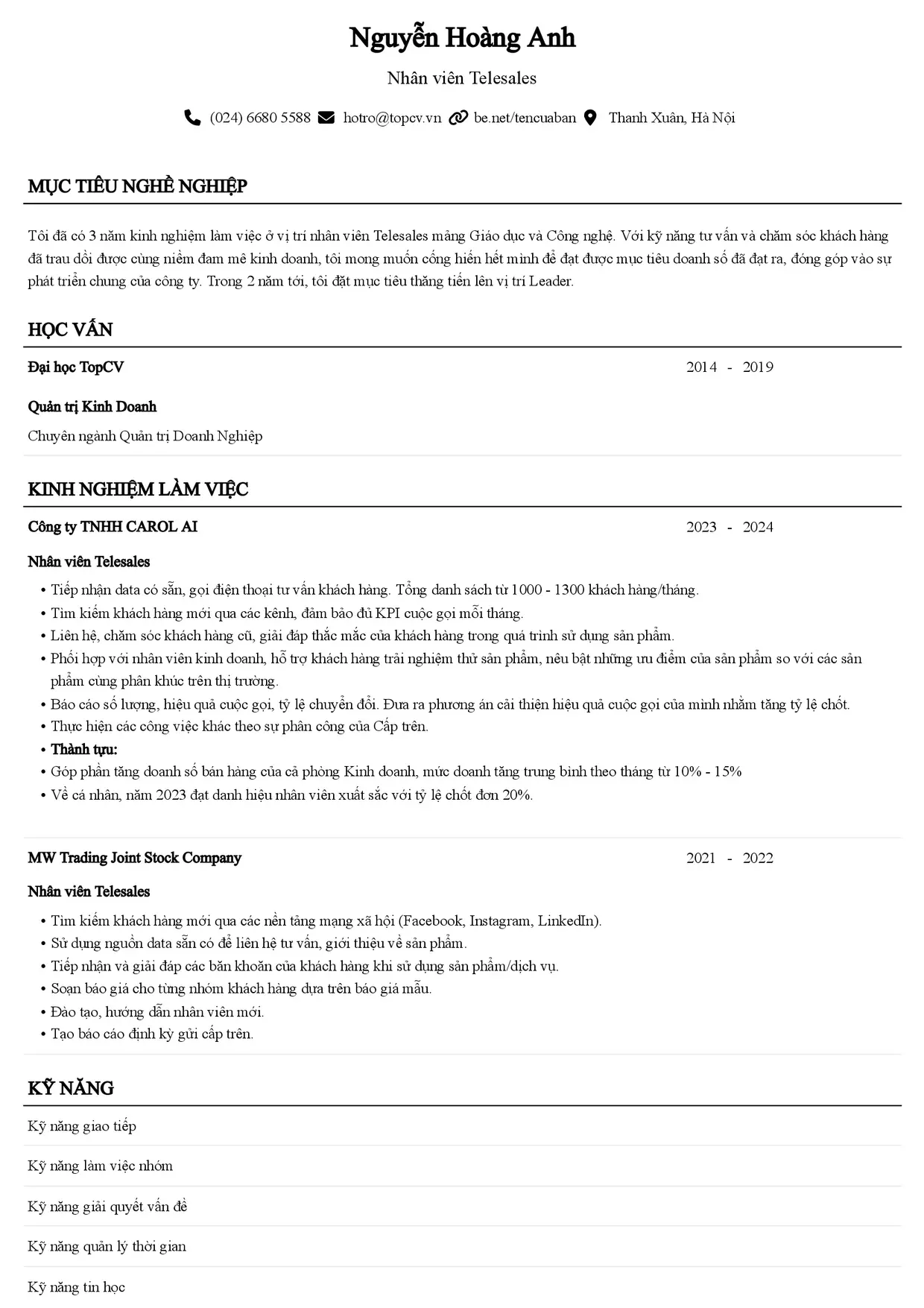 Mẫu CV xin việc Nhân viên Telesales style Senior
