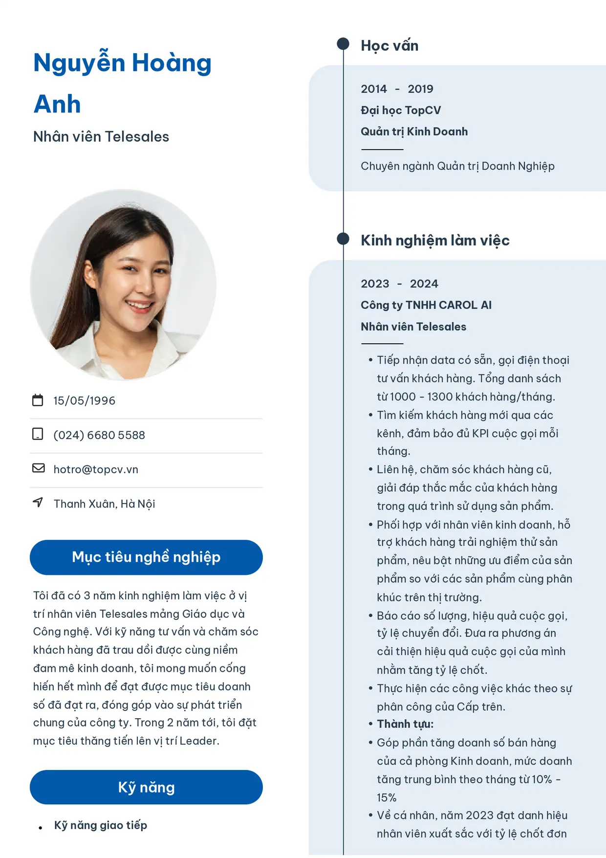 Mẫu CV xin việc Nhân viên Telesales style Sinh viên 3