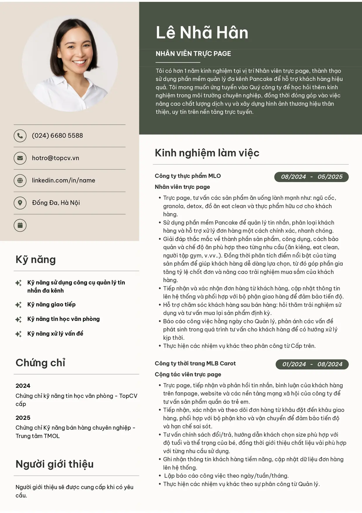Mẫu CV Nhân viên trực page style Bright