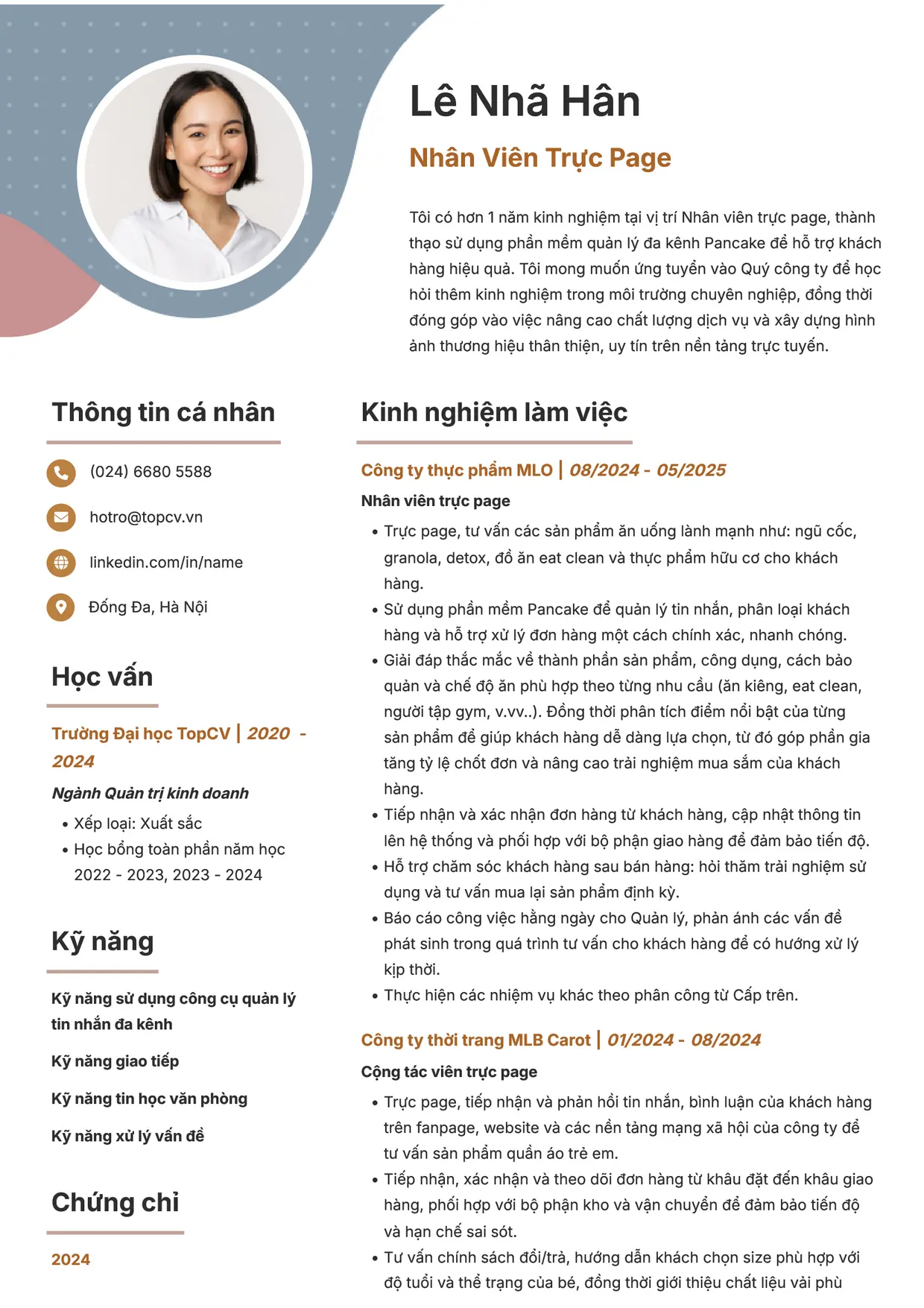 Mẫu CV Nhân viên trực page style Sáng tạo