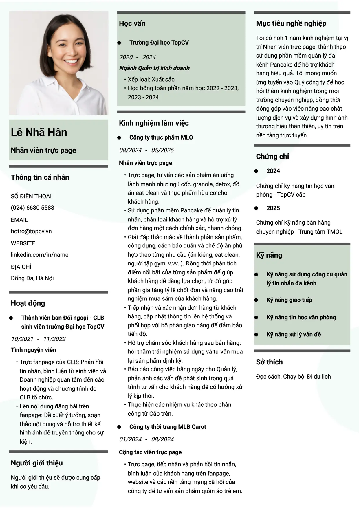 Mẫu CV Nhân viên trực page style Thời đại